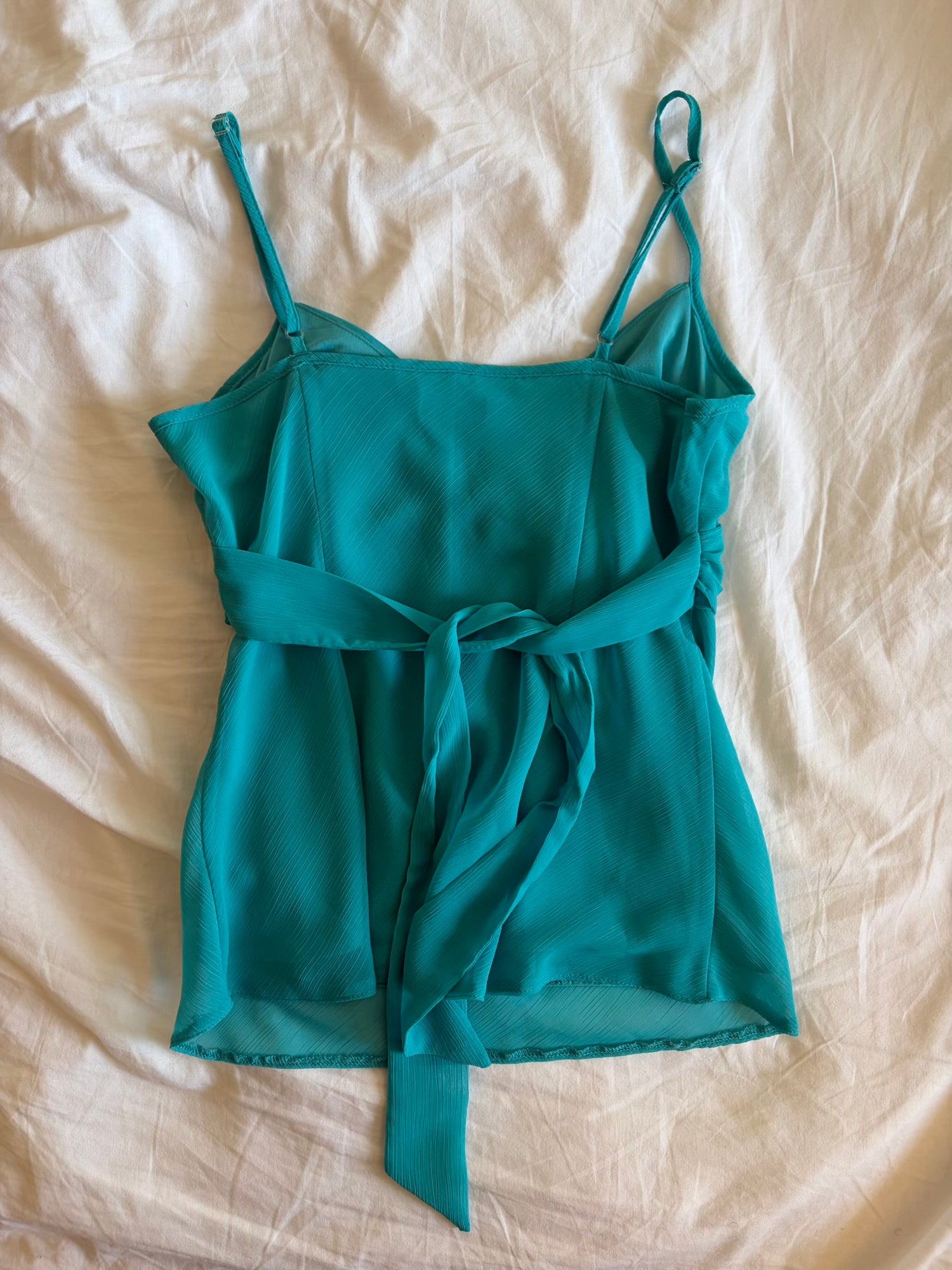 Vintage Y2K teal tie back floaty fairy cami with embellished brooch