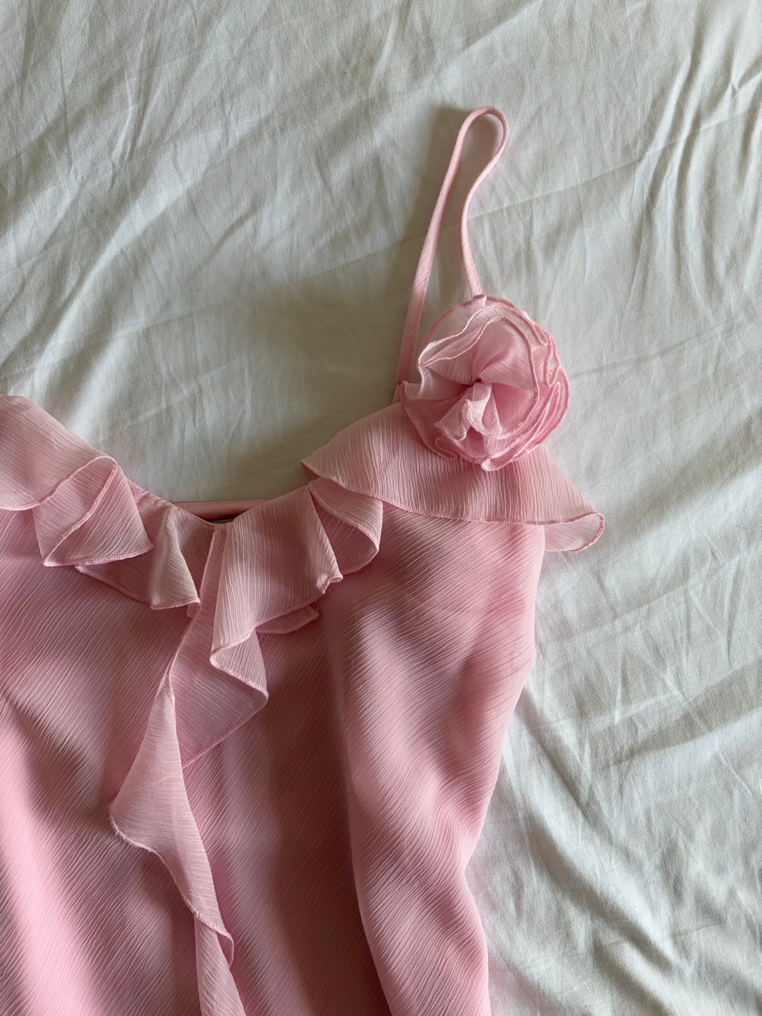 Vintage 1990s Baby Pink Asymmetrical Hem Floaty Fairy Midi Dress with Floral Applique