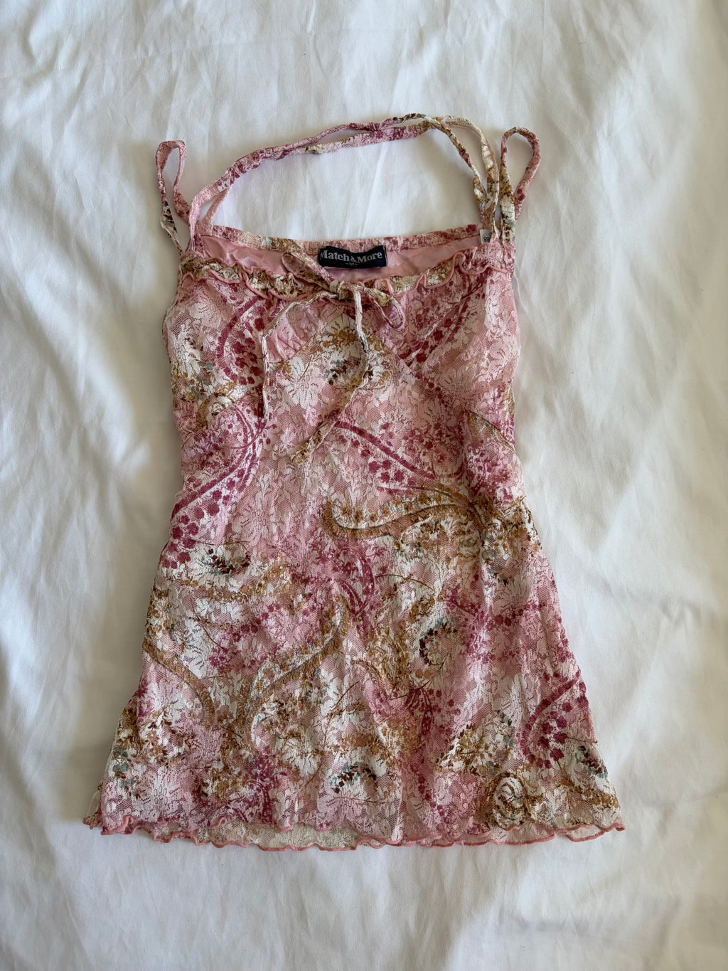 Vintage Y2K Japanese pink and brown lace coquette cami with double racer strap detail