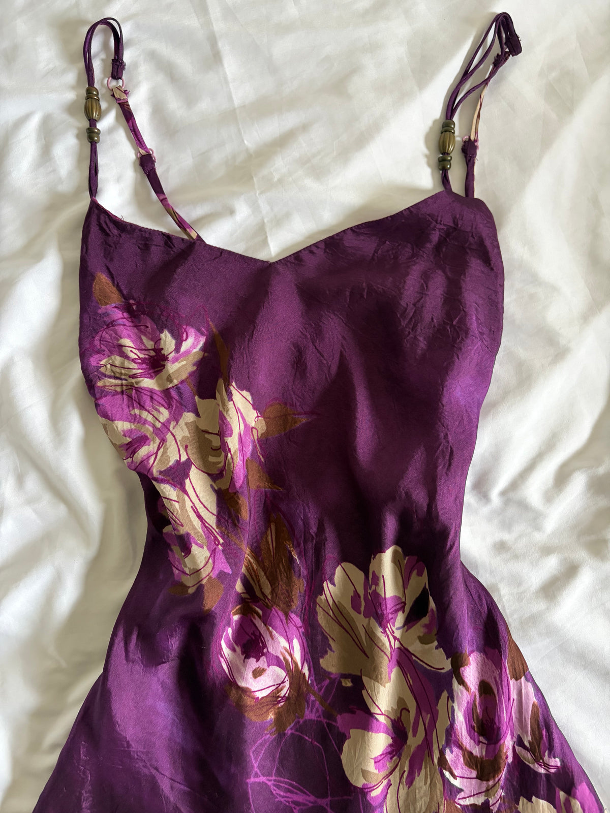 Vintage 1990s Purple Gothic Whimsy Floral Print Satin Dress