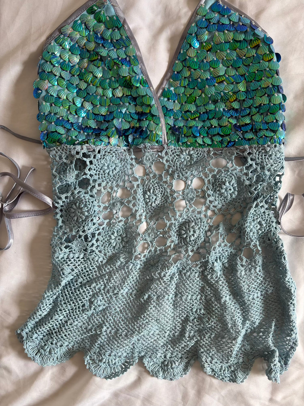 Handmade Turquoise Crochet Backless Halter and Mini Skirt Set