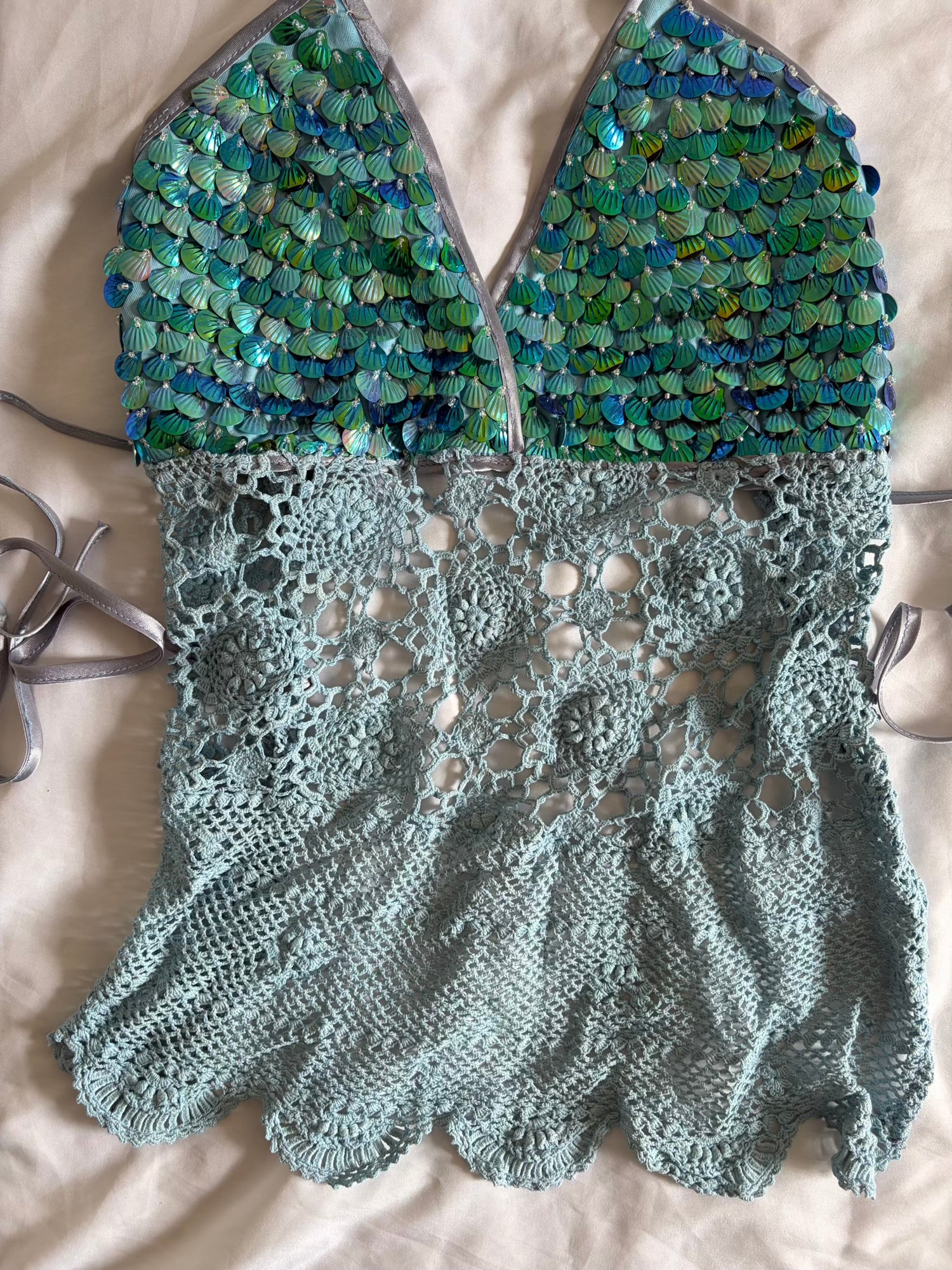 Handmade Turquoise Crochet Backless Halter and Mini Skirt Set