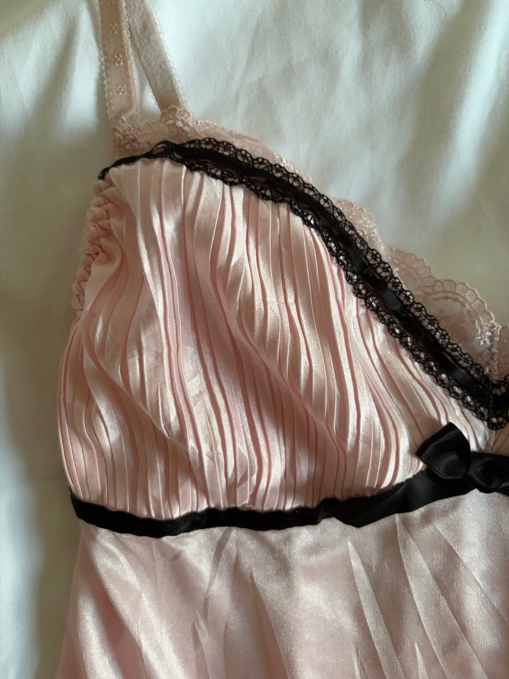 Vintage Y2K Japanese baby pink and satin babydoll style cami with black details and ribbon