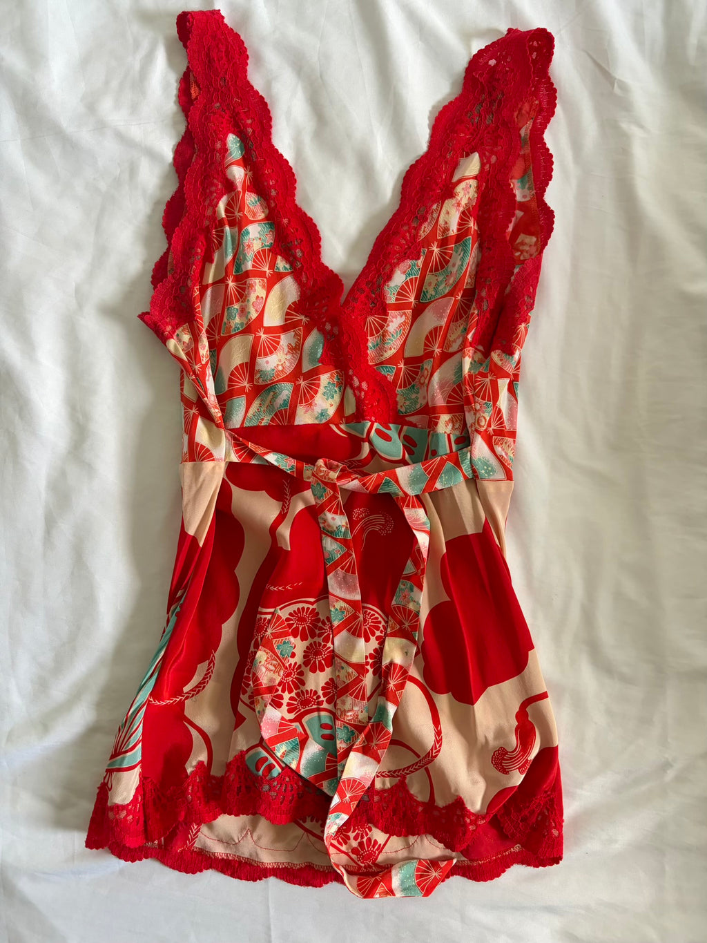 Vintage Y2K Silk Red and Turquoise Tie Back Top