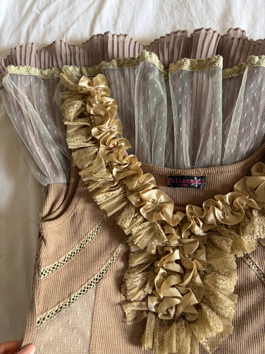 Vintage Y2K Beige Mini Dress with Mesh Polka Dot Hem and Ribbon