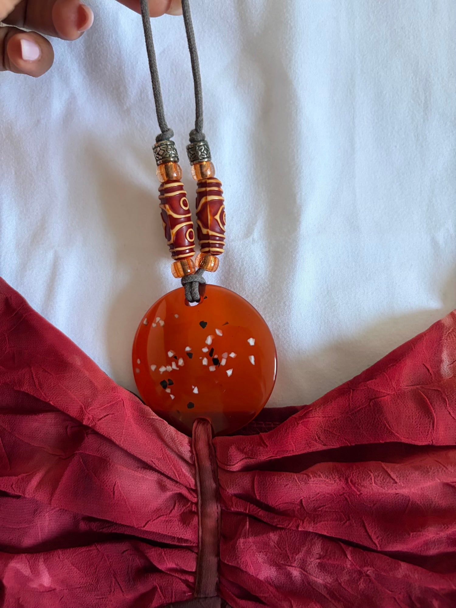 Vintage Y2K handkerchief hem brown and red tie dye ruched bust dress with pendant and beaded detail