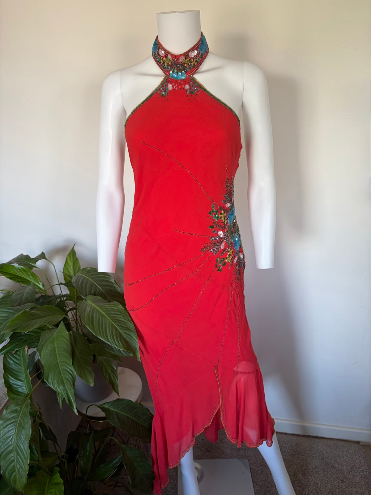 Vintage 2004 Karen Millen Red Silk Asymmetrical Hem Halterneck Dress with Beadwork