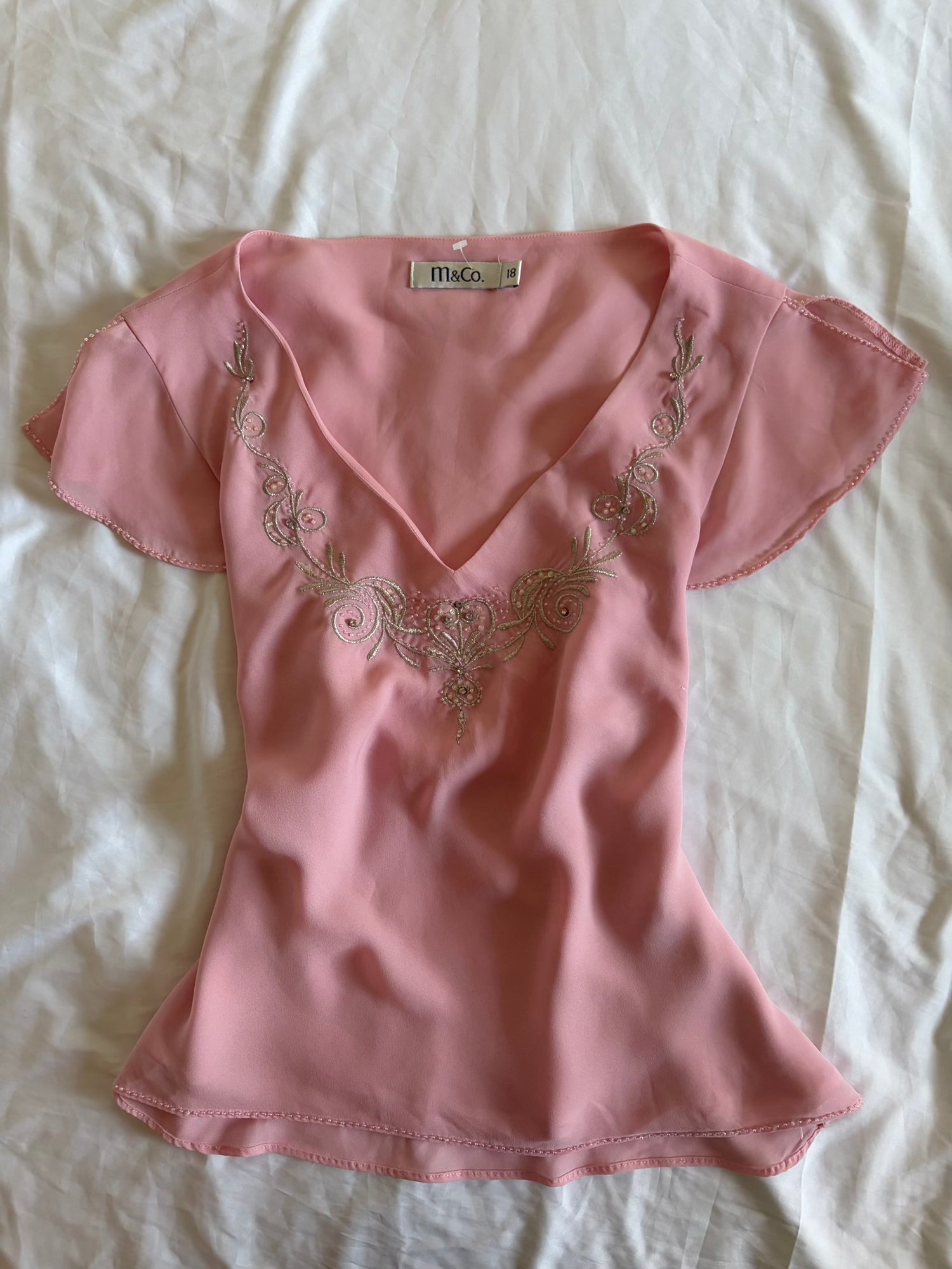 Vintage 1990s Baby Pink Beaded Floaty Sleeve Top with Embellishment and Sequins