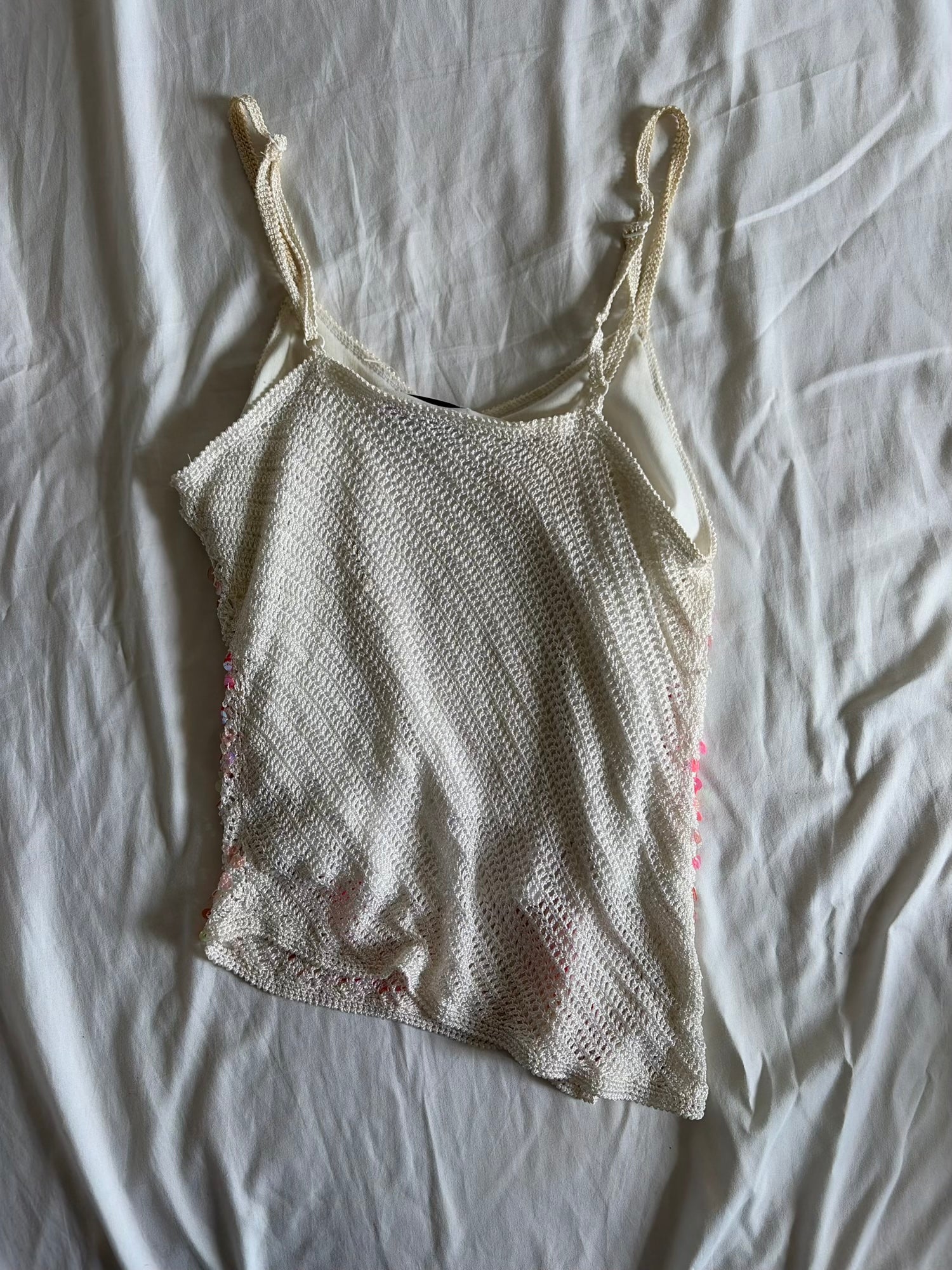 Vintage Y2K Crochet Cami with Pink Iridescent Sequins and Asymmetrical Hem