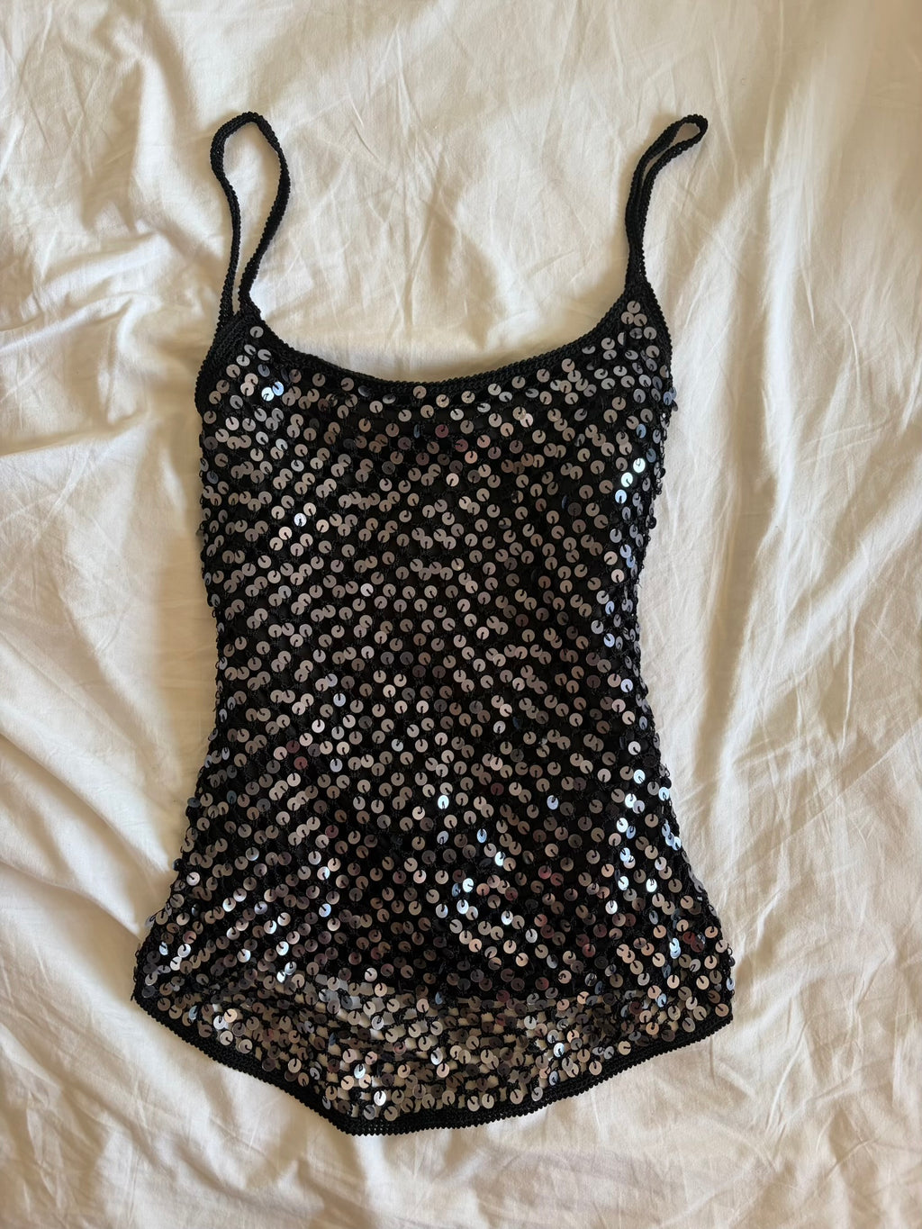 Vintage Y2K black crochet cami with silver sequins and subtle asymmetrical hem