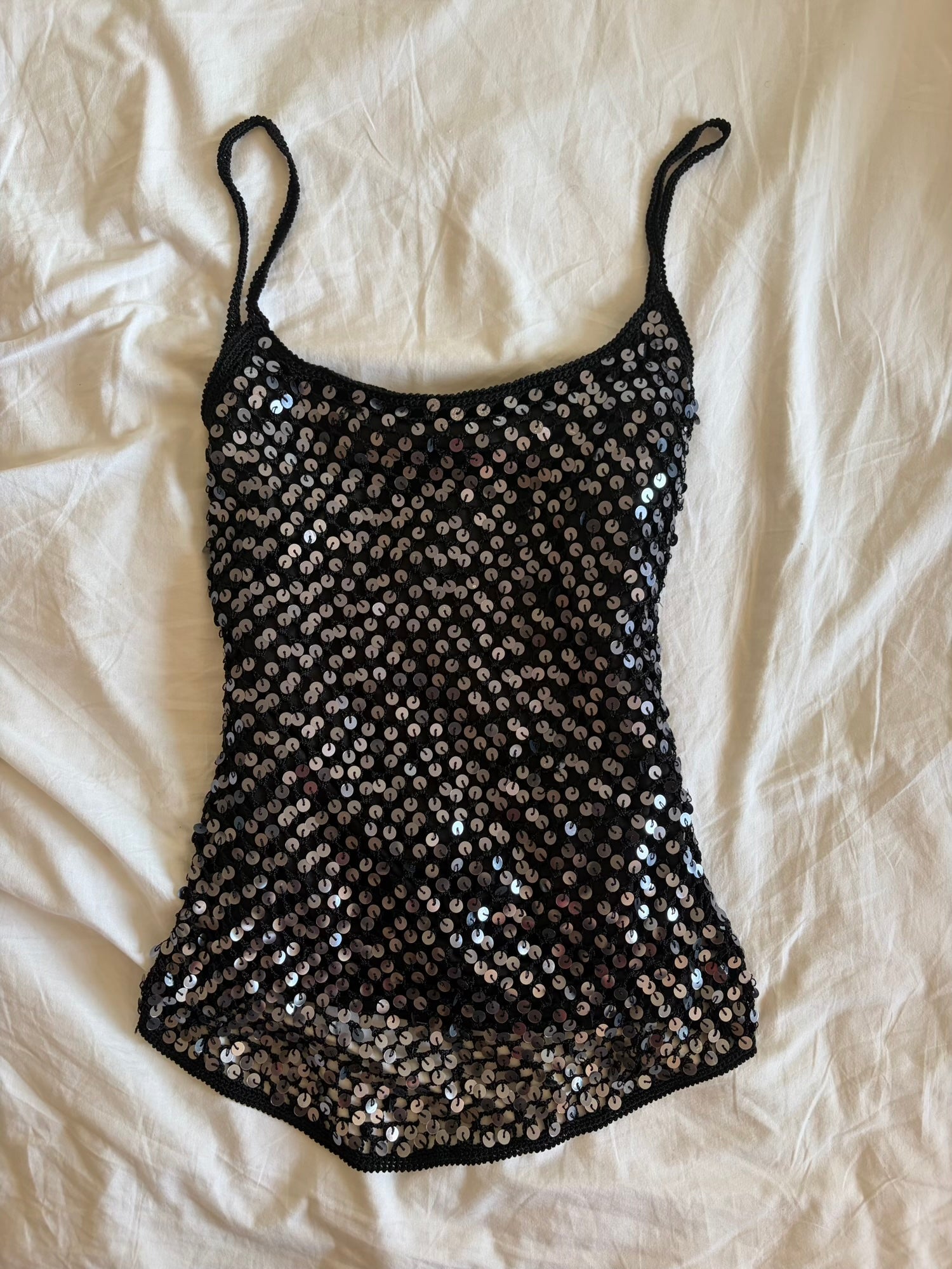 Vintage Y2K black crochet cami with silver sequins and subtle asymmetrical hem