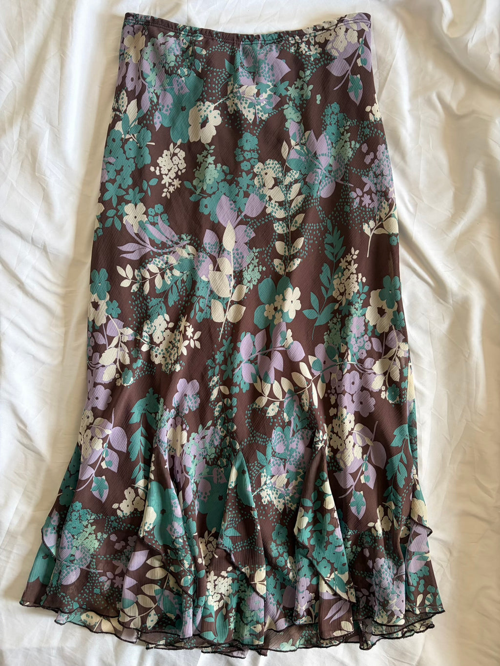 Vintage 1990s Brown and Teal Floral Midi Skirt