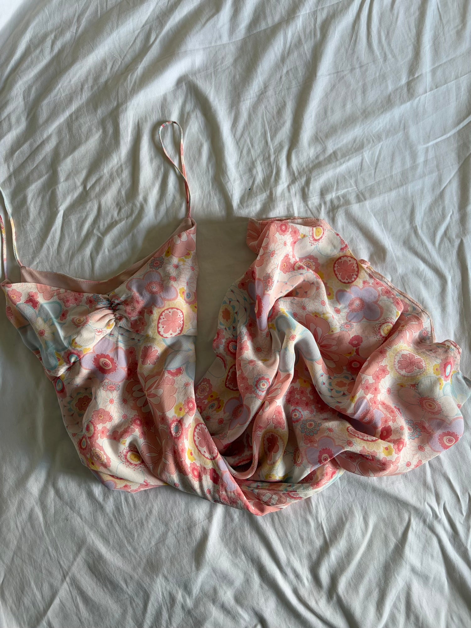 Vintage Y2K Pastel Floral Midi Dress with Ruched Bust