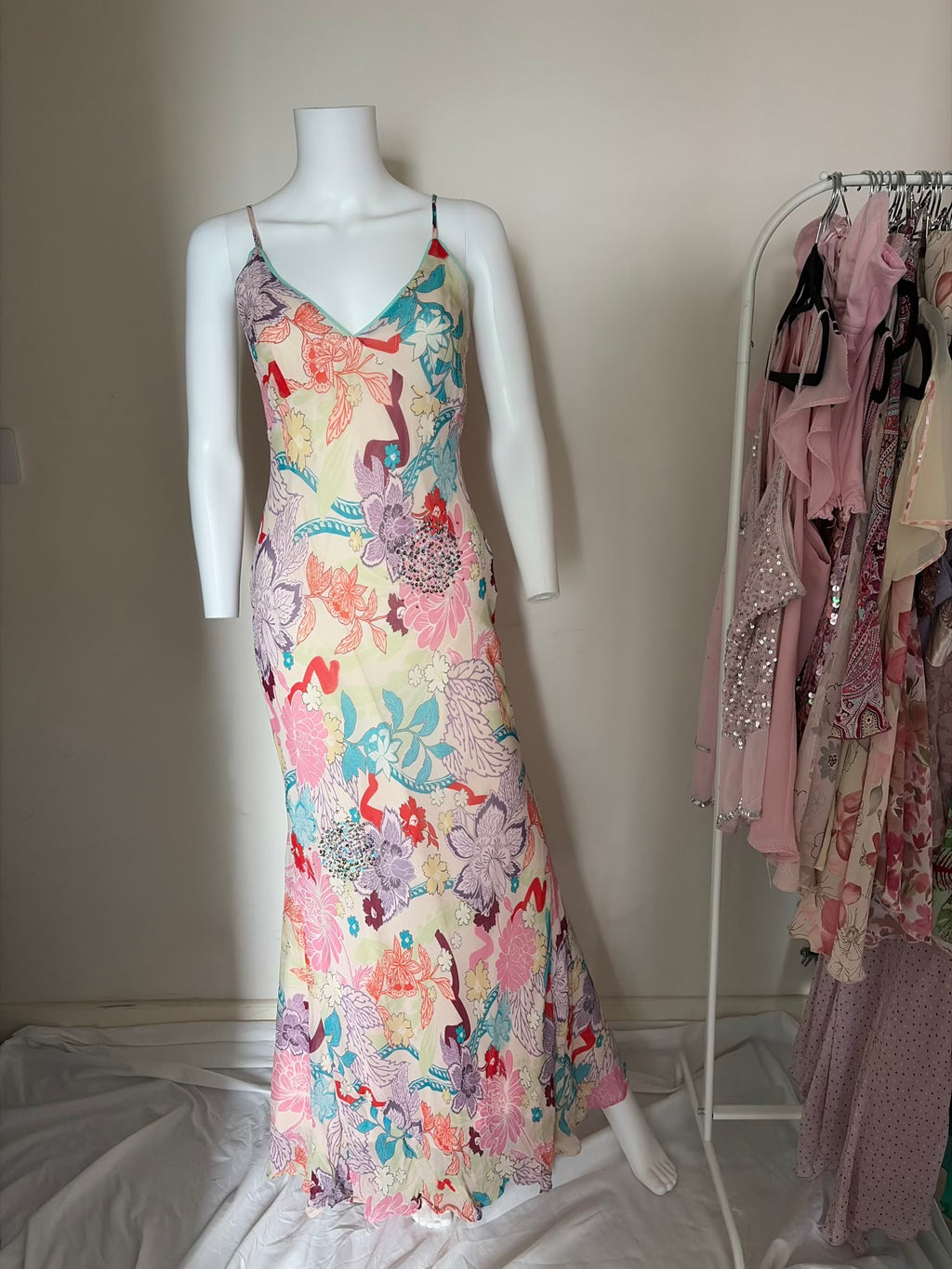 Vintage Y2K Cream Floral Fairy Dress with Sequin and Beaded Details