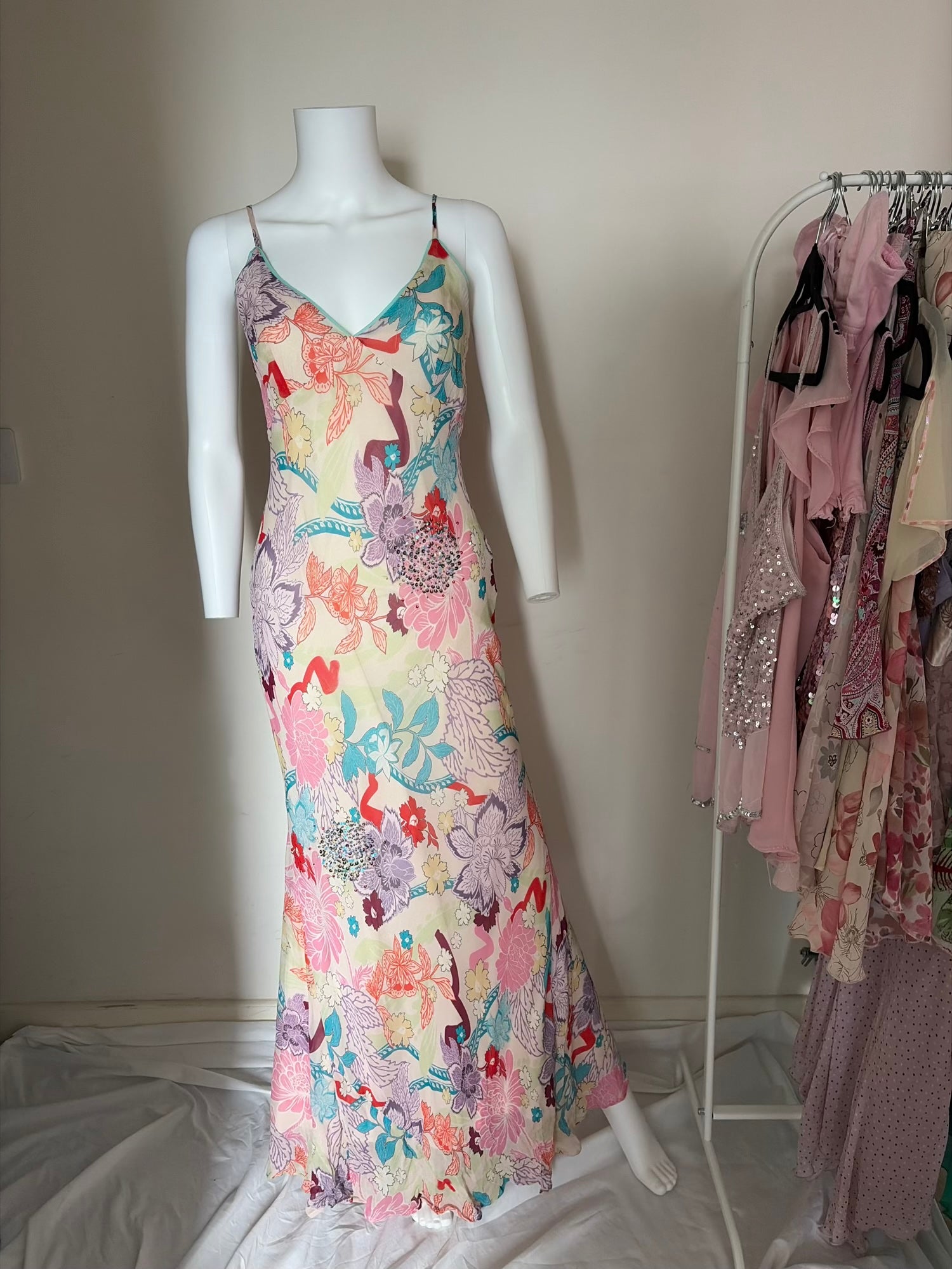 Vintage Y2K Cream Floral Fairy Dress with Sequin and Beaded Details