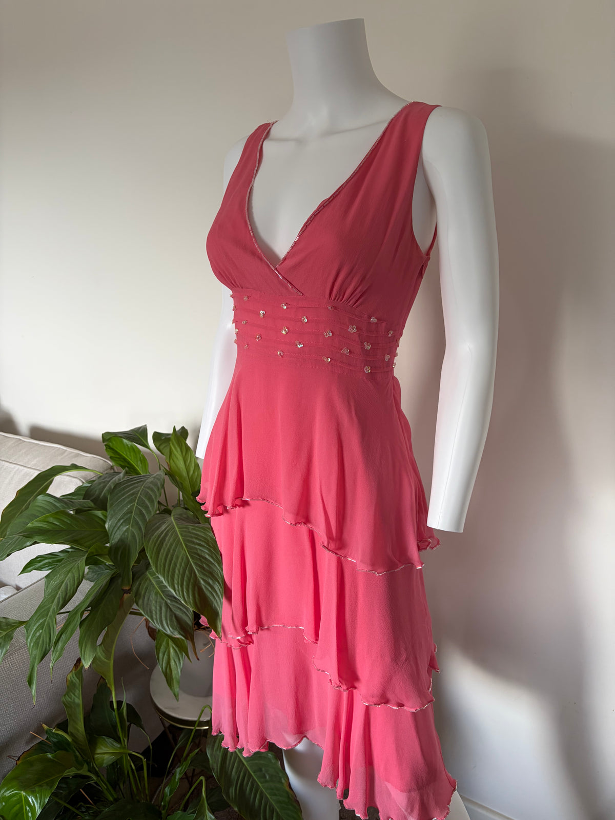 Vintage 2000s Silk Coral Ruffle Midi Dress with Beads and Sequins