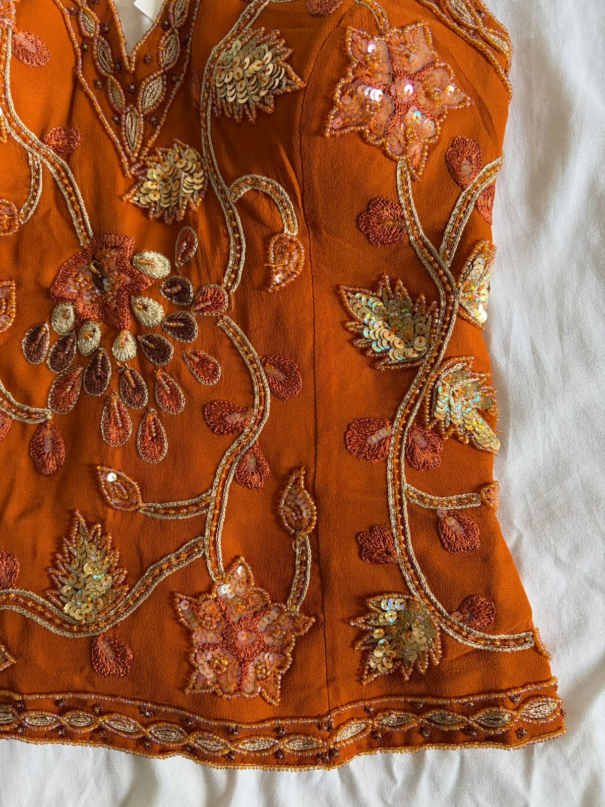Vintage Y2K Burnt Orange Silk Beaded Corset Style Halter - Size Extra Small