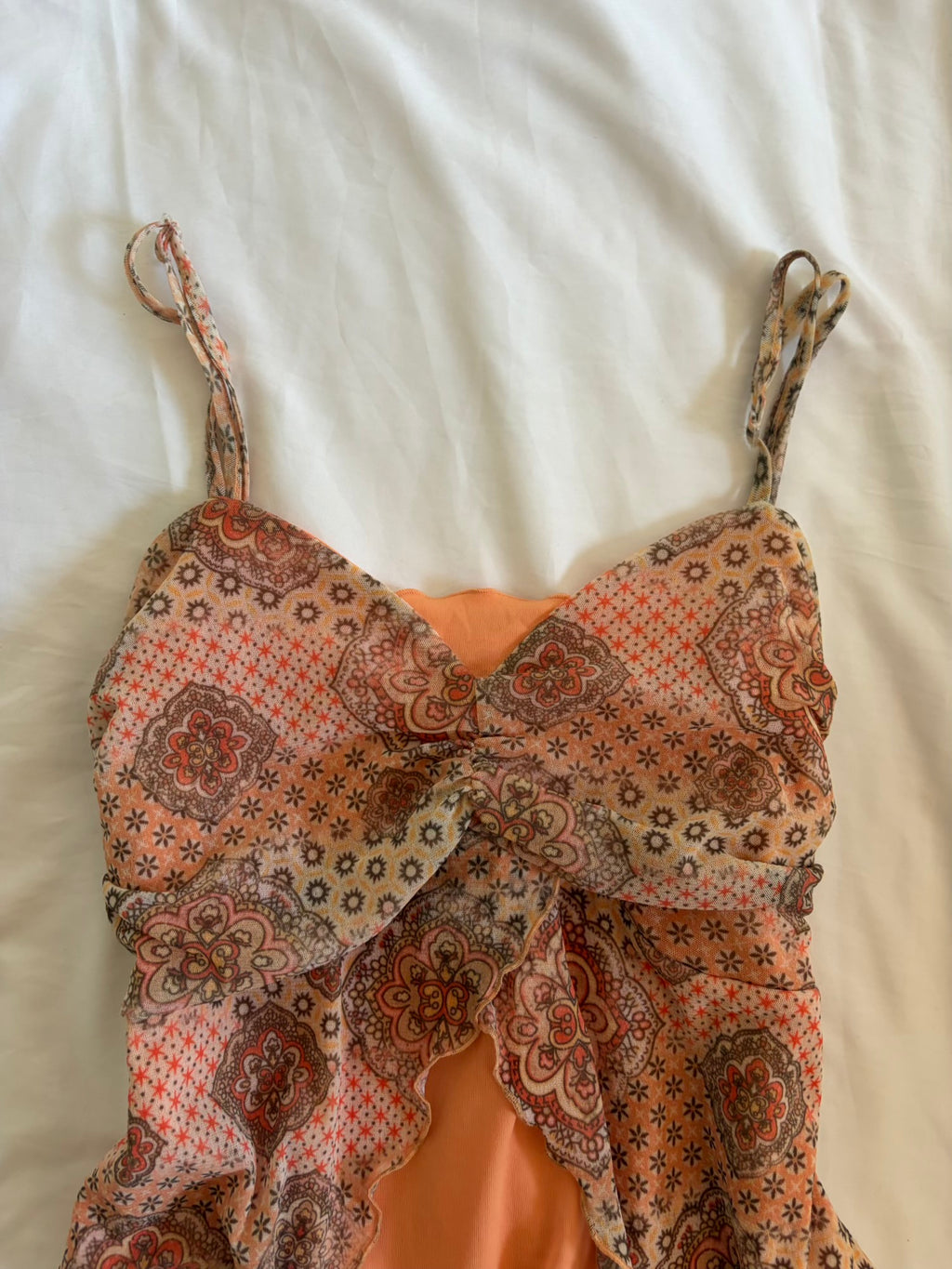 Vintage Y2K Orange Micromesh Paisley Boho Ruched Bust Cami
