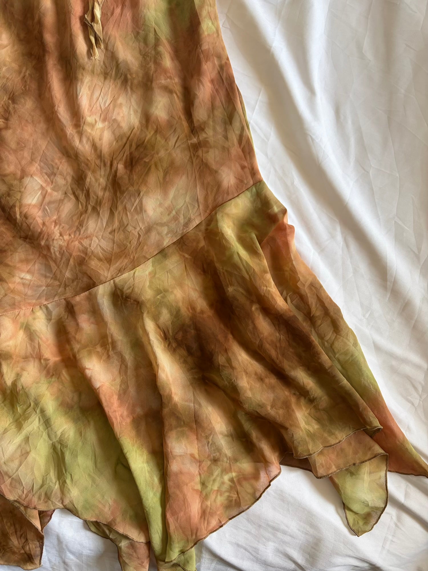 Vintage 1990s Tie Dye Asymmetrical Ruffle Hem Forest Fairy Maxi Dress