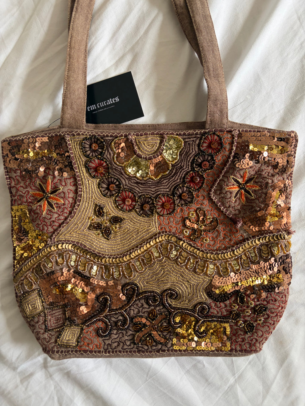 Vintage 2000s Per Una Brown Embroidered Sequin Tote Bag