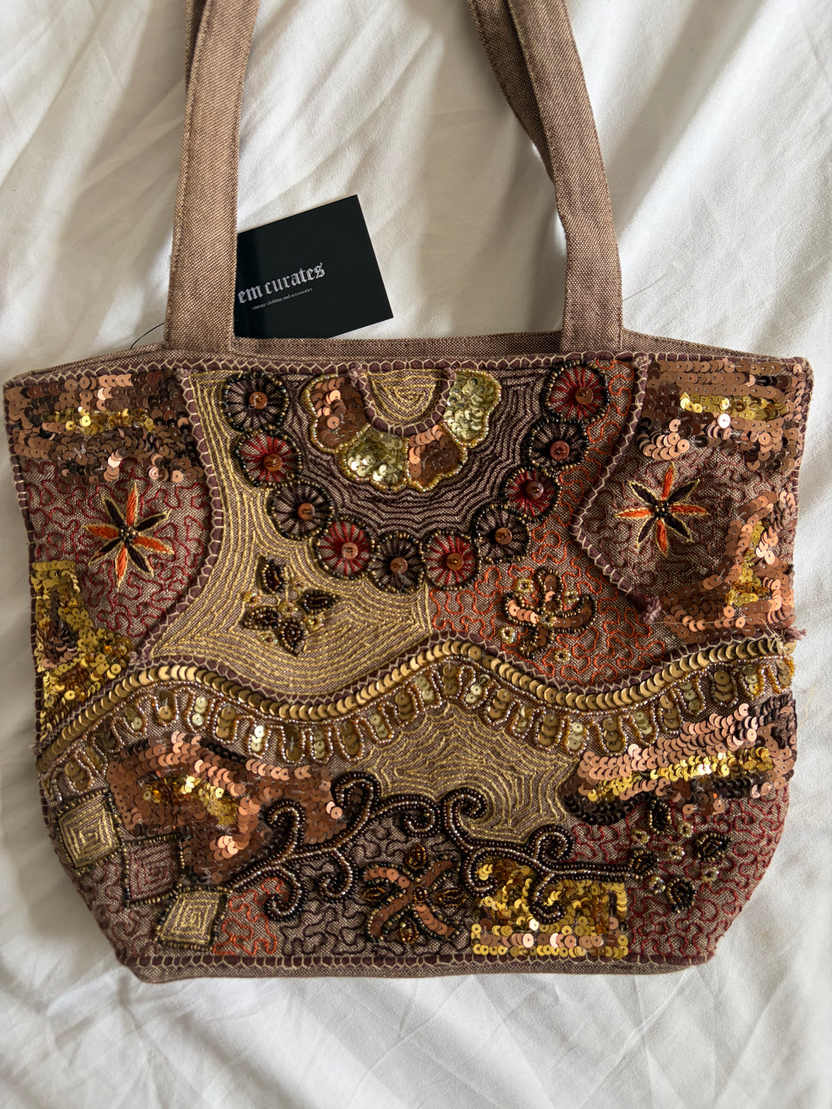 Vintage 2000s Per Una Brown Embroidered Sequin Tote Bag