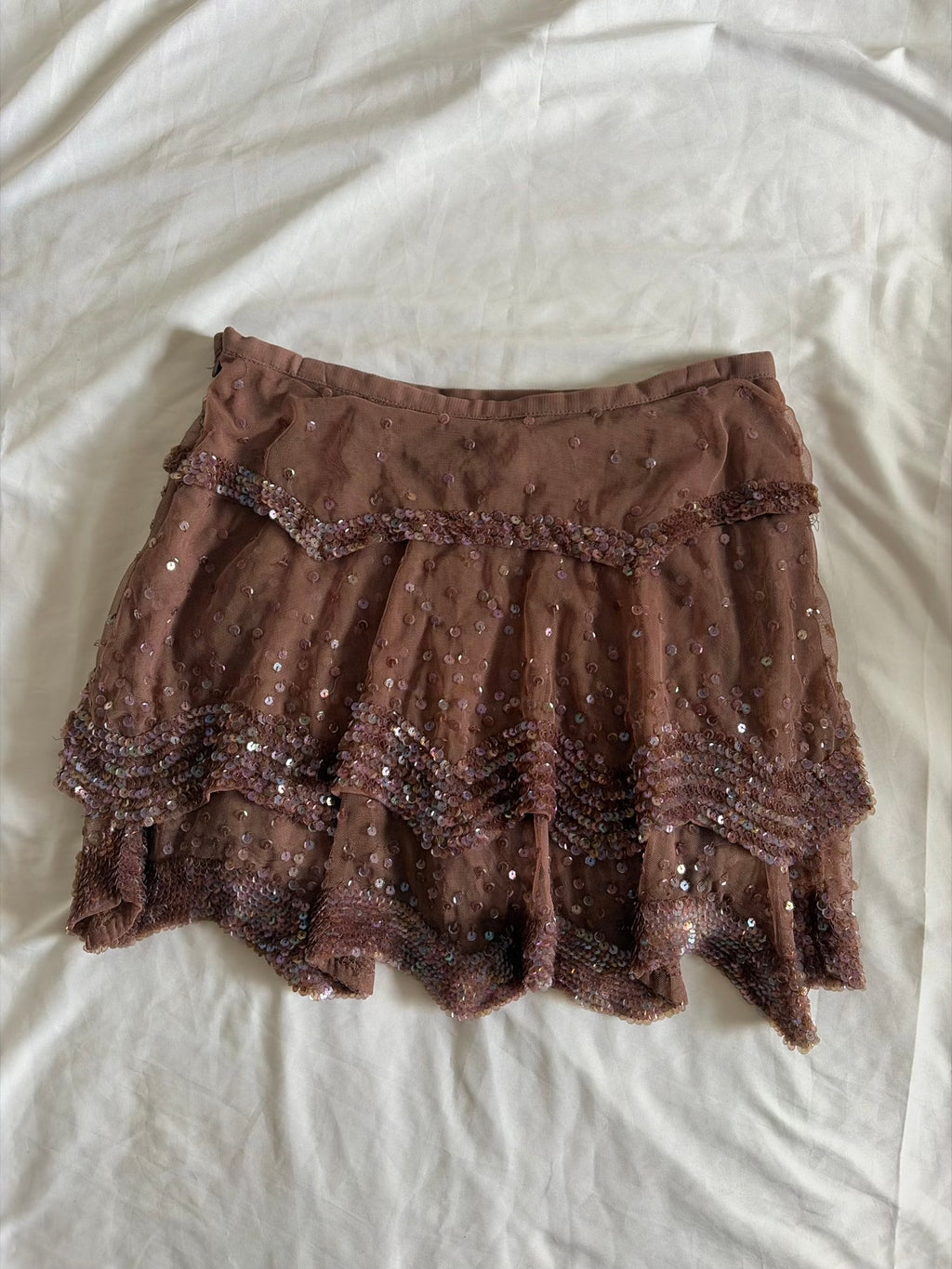 Vintage Y2K Mauve Mesh Ruffle Mini Skirt with Iridescent Sequins