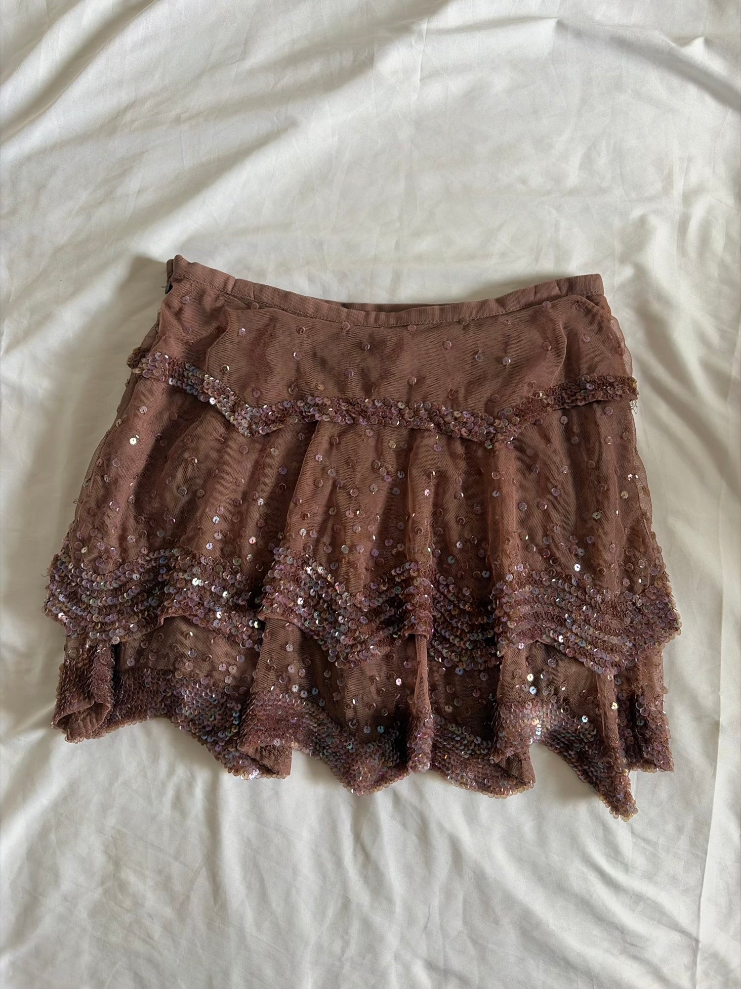 Vintage Y2K Mauve Mesh Ruffle Mini Skirt with Iridescent Sequins