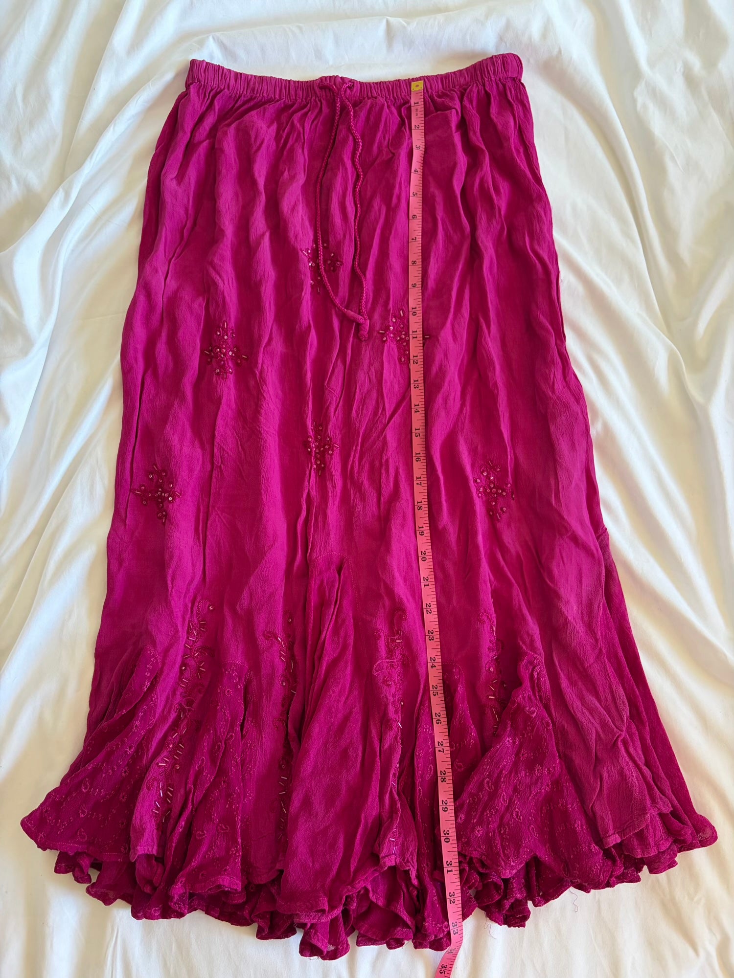 Vintage Y2K cerise maxi skirt with embroidered mermaid hem with beads