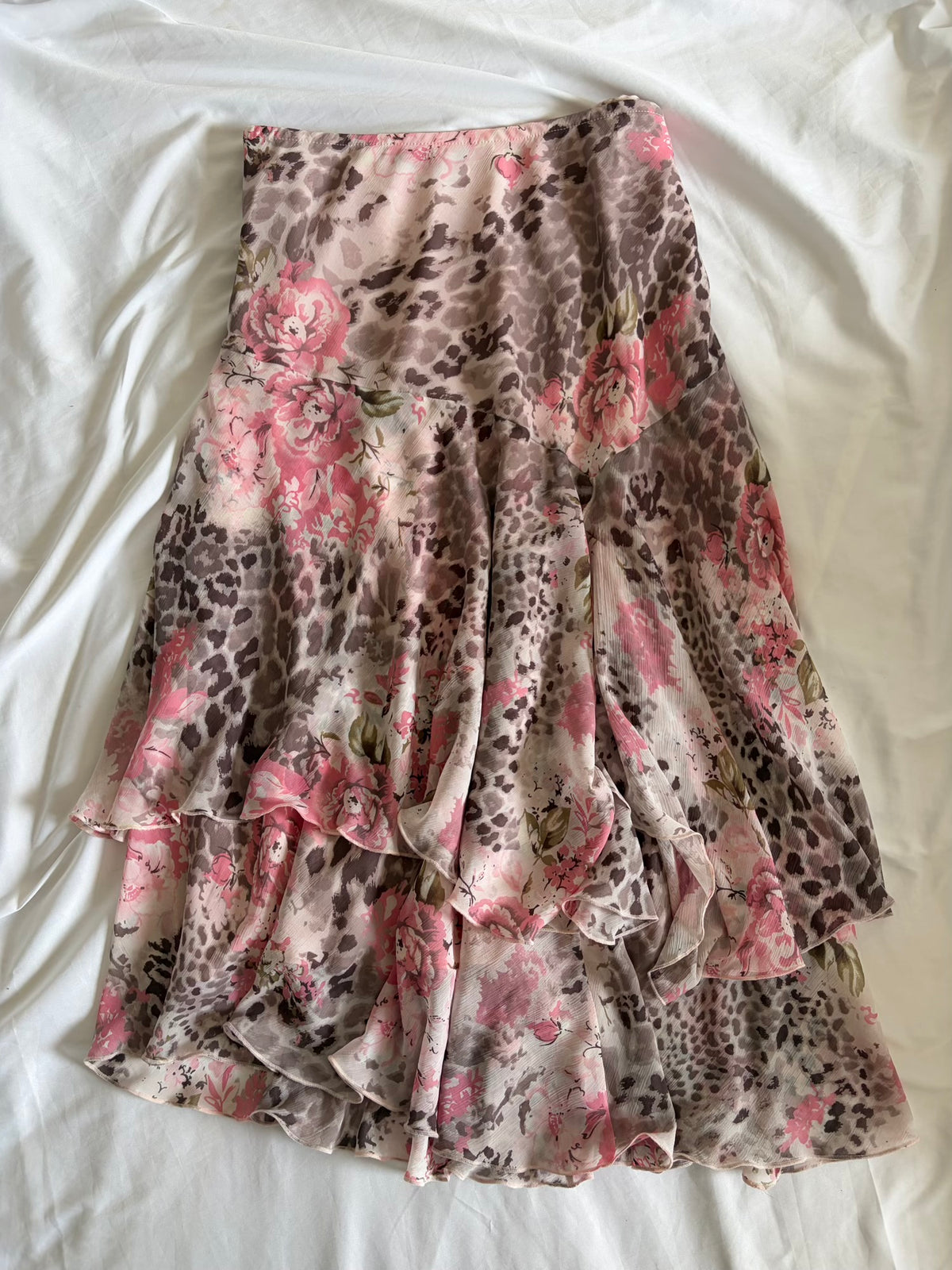 Vintage 1990s Floral and Leopard Print Floaty Skirt