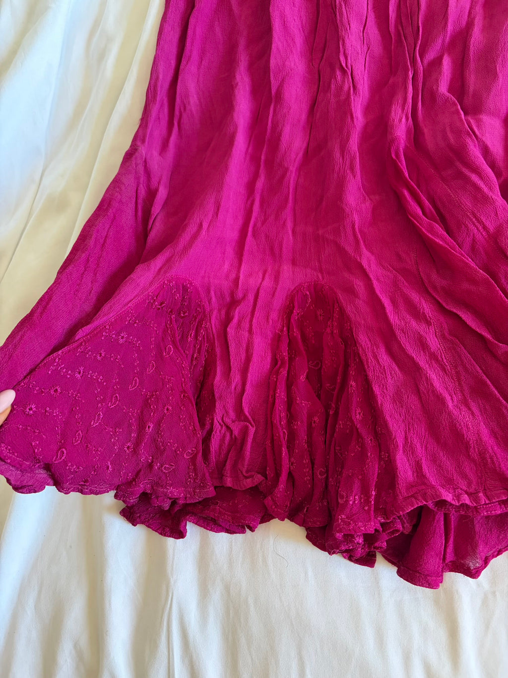 Vintage Y2K cerise maxi skirt with embroidered mermaid hem with beads