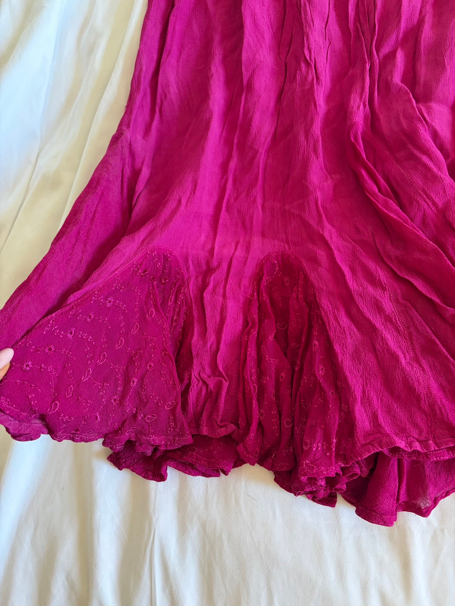 Vintage Y2K cerise maxi skirt with embroidered mermaid hem with beads