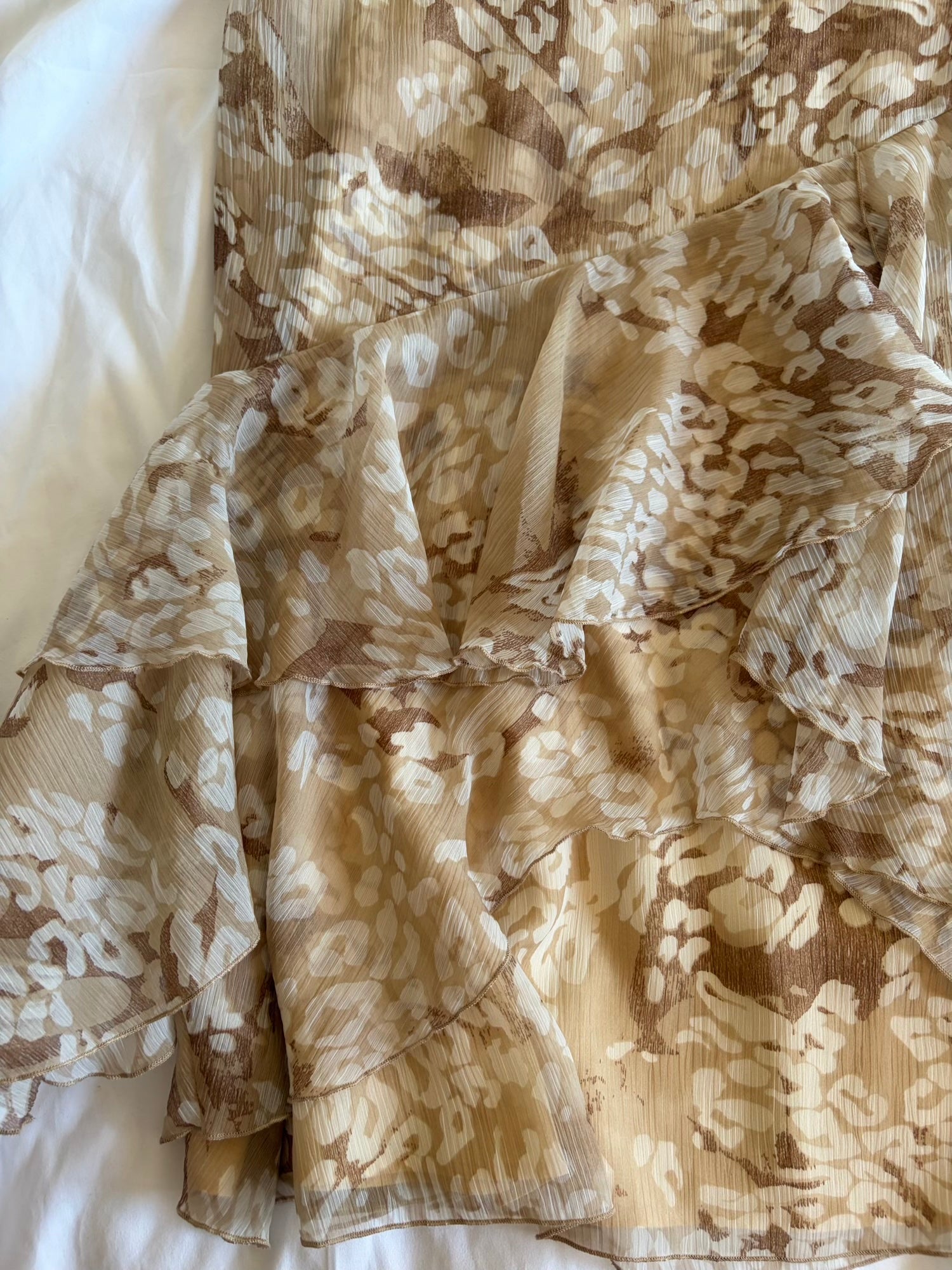 Vintage 1990s archival style champagne and brown ruffle asymmetrical hem fairy skirt