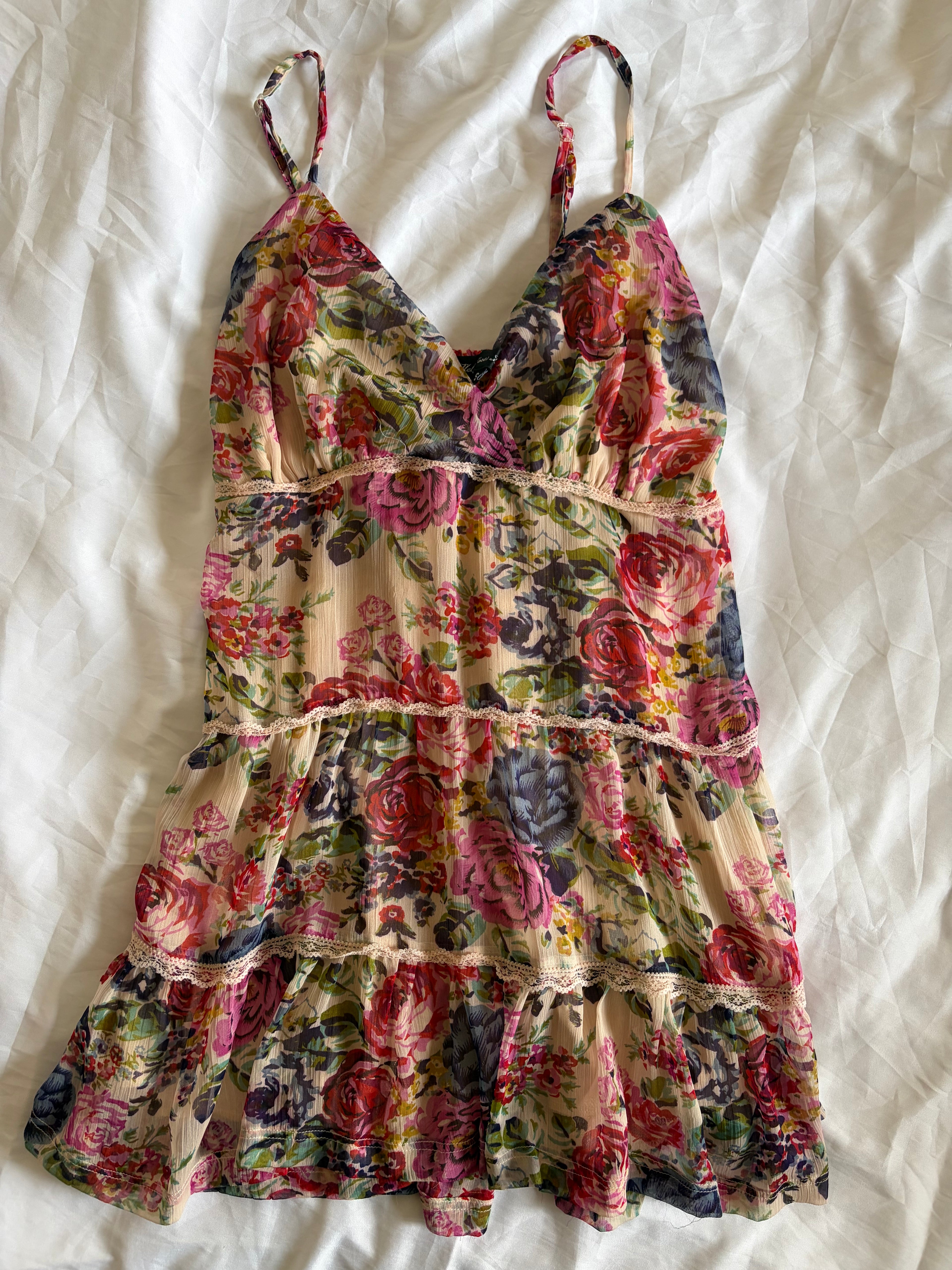 Vintage Y2K Floral Coquette Long Ruffle Cami with Lace