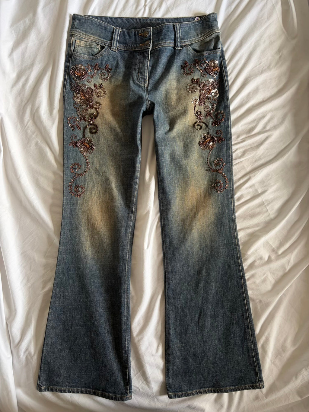 Vintage 2000s Mid Rise Bootcut Flared Jeans with Brown Embellishment and Beads