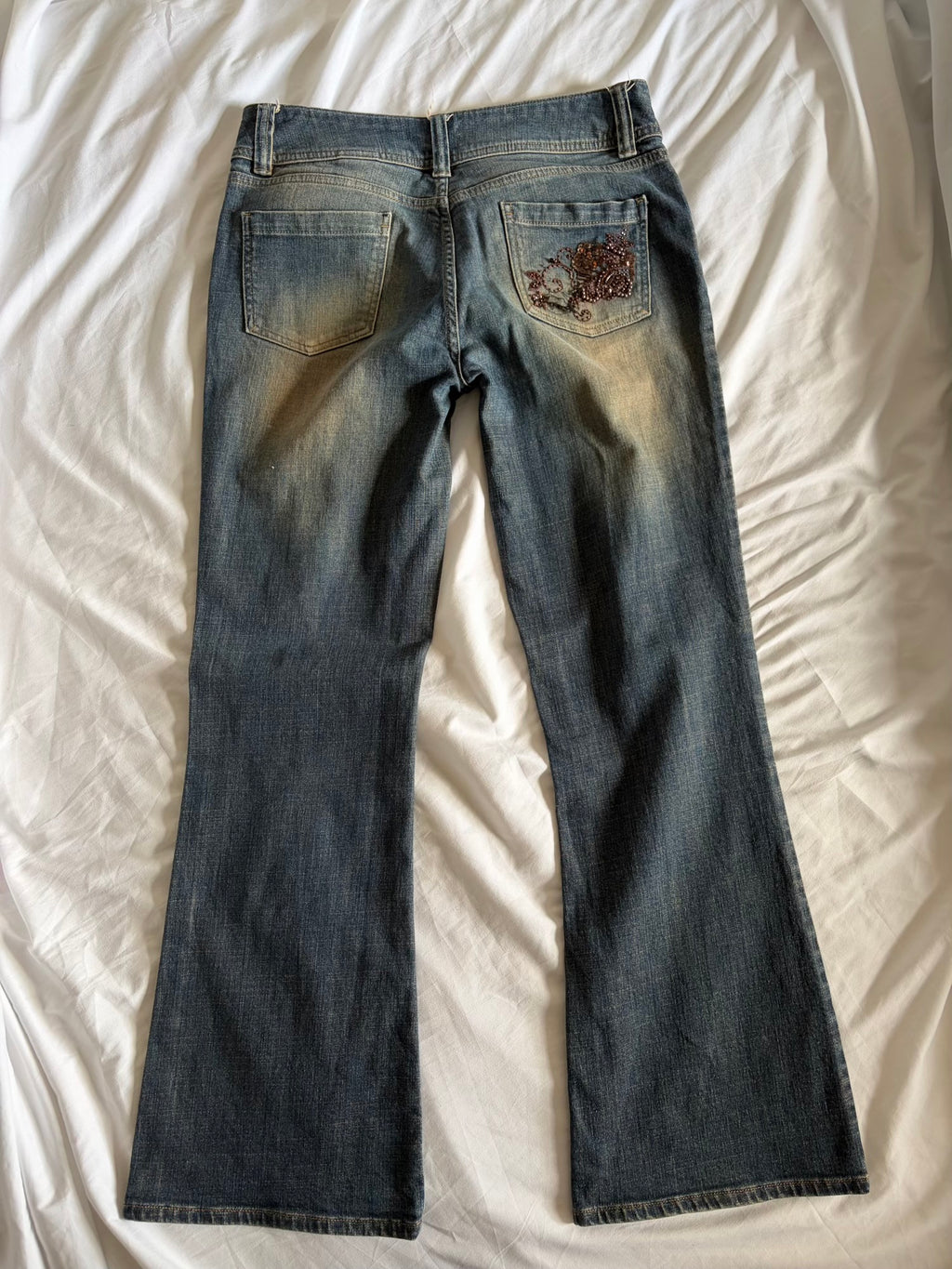 Vintage 2000s Mid Rise Bootcut Flared Jeans with Brown Embellishment and Beads