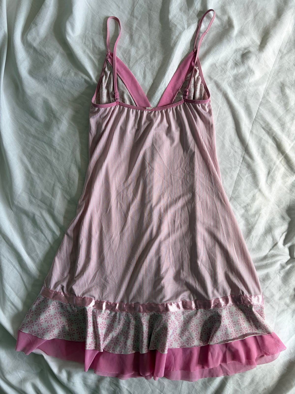 Vintage 2000s Pink Pinstripe and Floral Mini with Mesh Ruffle Hem