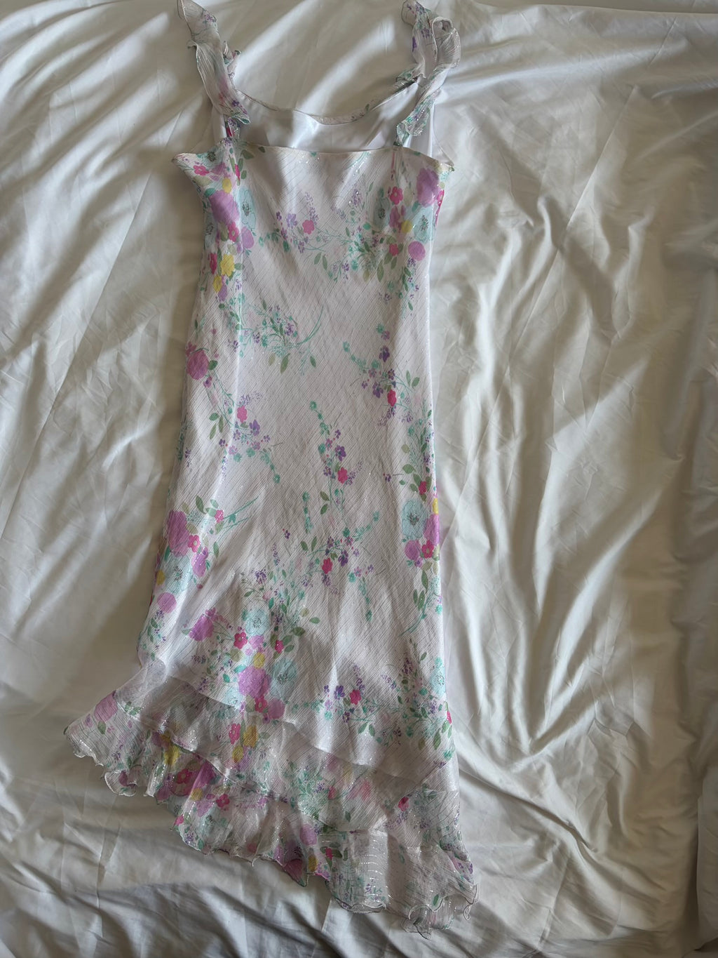 Vintage Y2K Rare Silk Asymmetrical Hem Midi Dress with Floral Detail and Sparkly Silver Detail