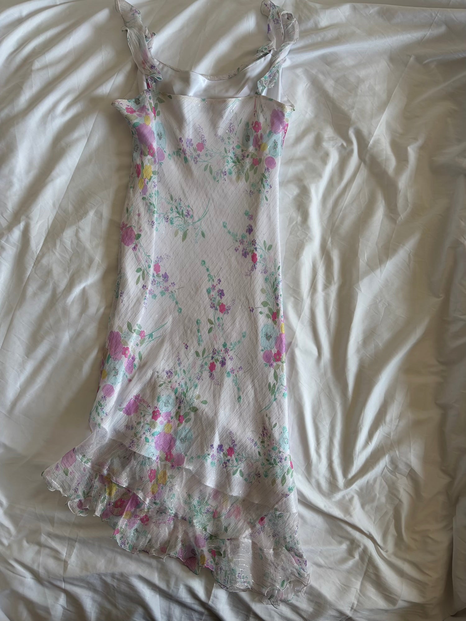 Vintage Y2K Rare Silk Asymmetrical Hem Midi Dress with Floral Detail and Sparkly Silver Detail