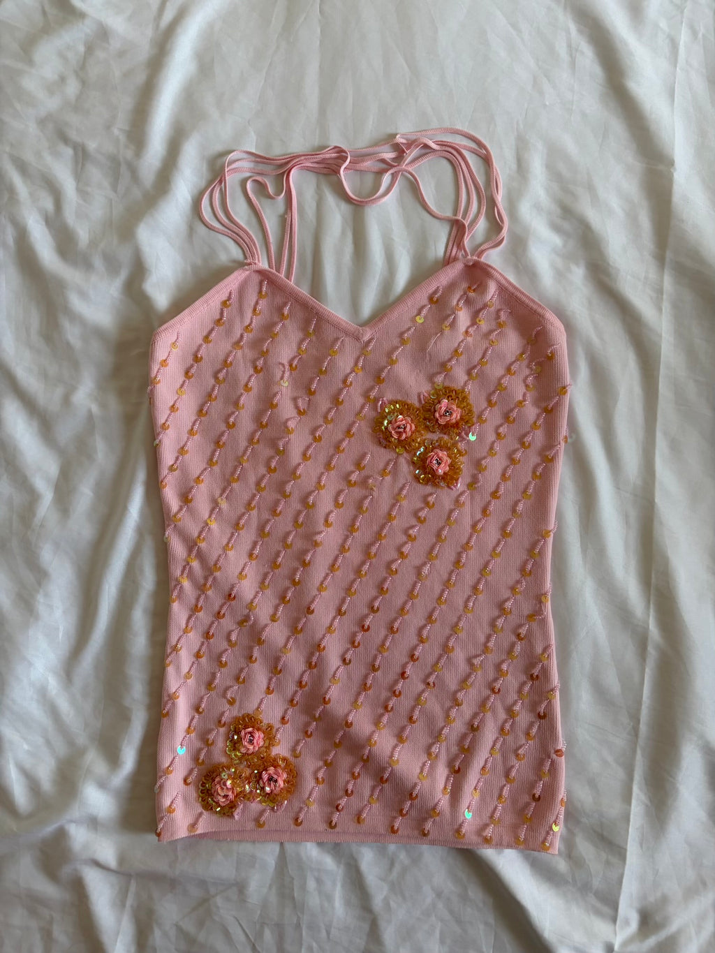 Vintage Y2K Baby Pink Knit Beaded and Sequin Cami with Triple Cross Straps