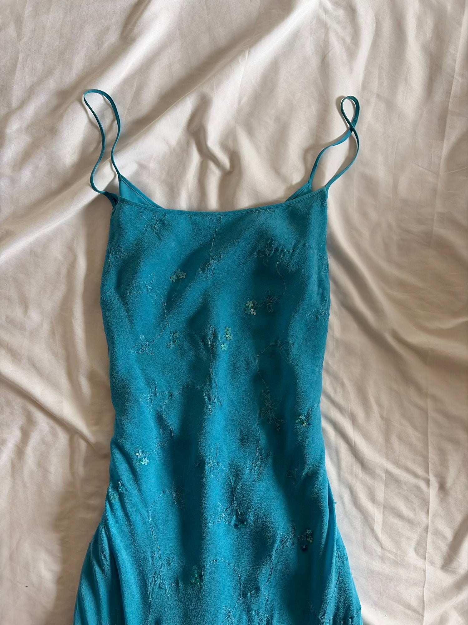 Vintage 1990s Turquoise Silk Asymmetrical Hem Dress with Mini Flowers and Beads