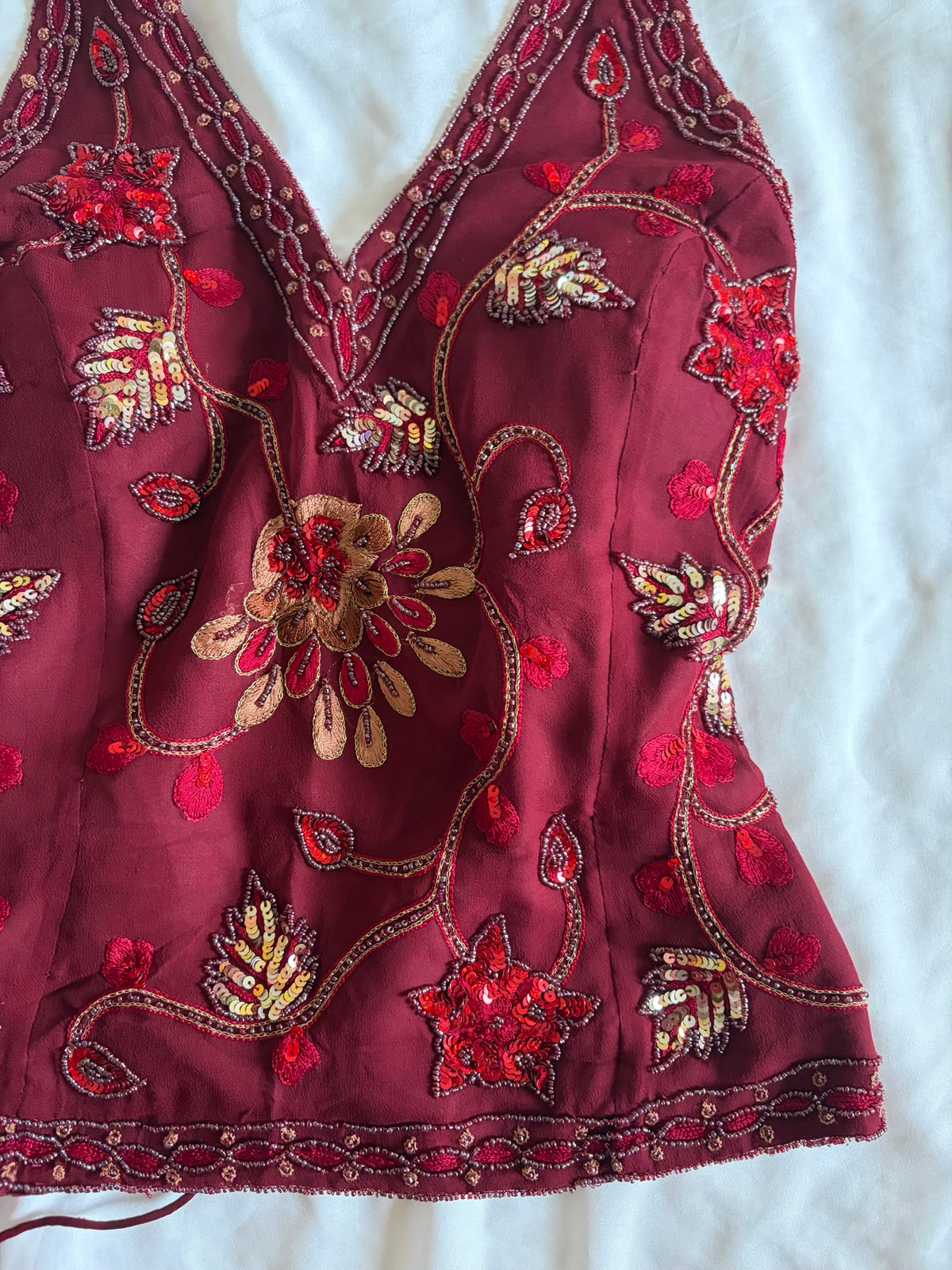 Vintage Y2K burgundy silk beaded floral gold and bronze sequin corset style halter - Size Large