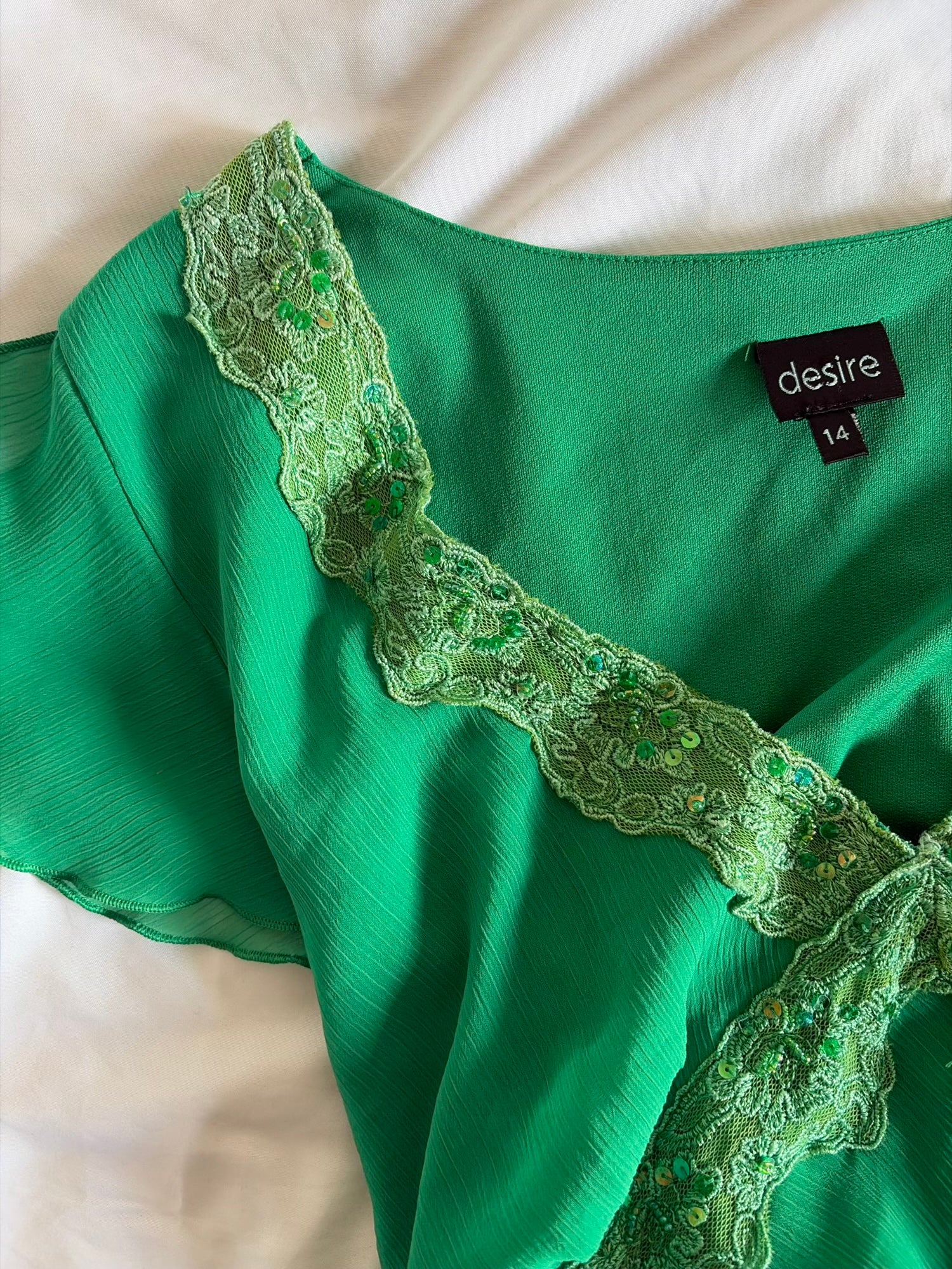 Vintage 1990s Green Handkerchief Hem Dress with Lace and Sequins