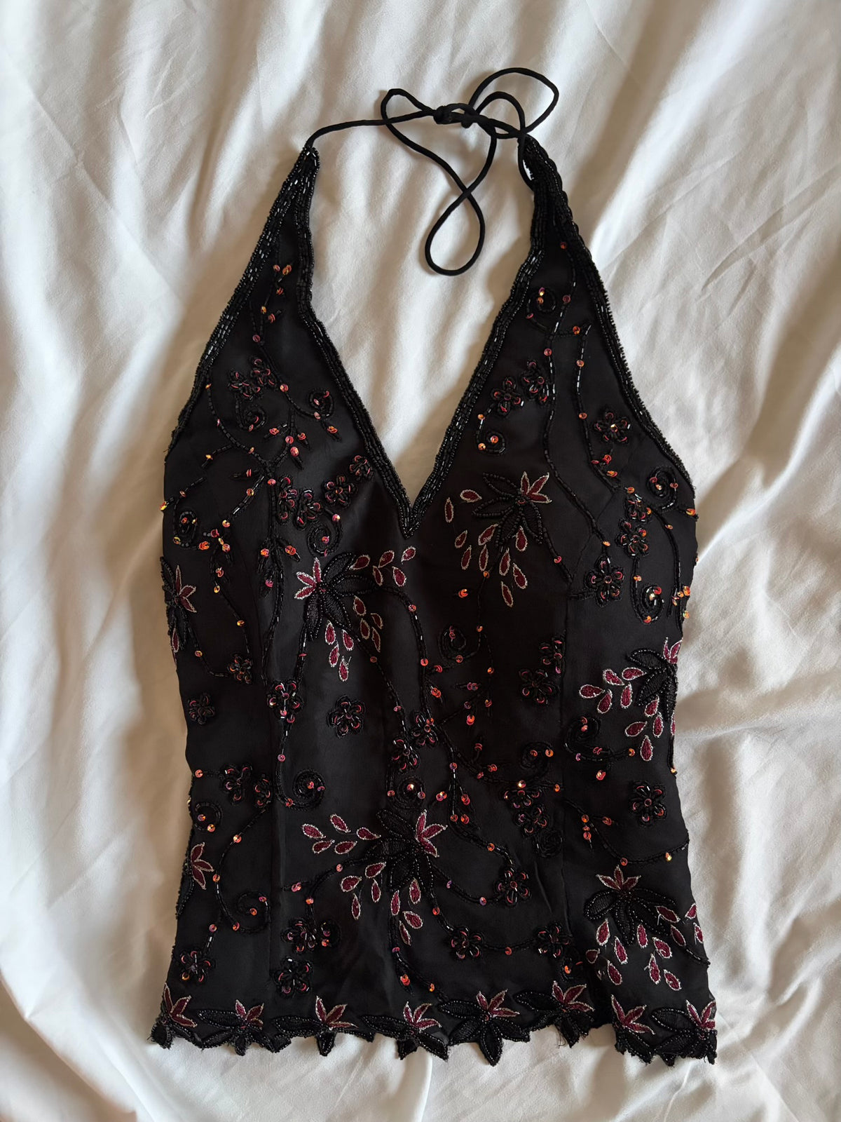Vintage 2000s Silk Black Sequin and Beaded Corset Halter – Size 12–14