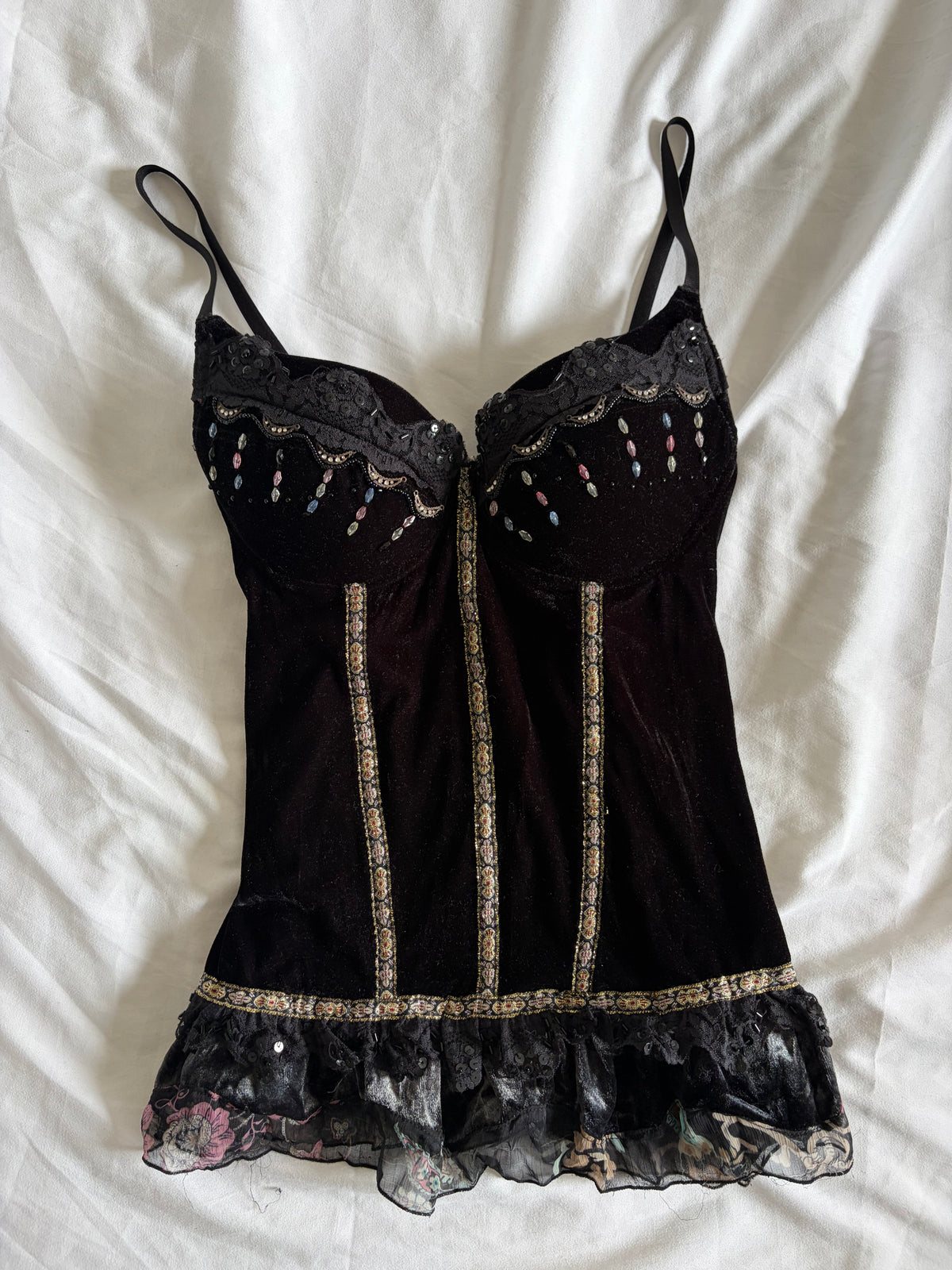 Vintage 1990s French Black Whimsy Sequin Corset Top, UK 12–14