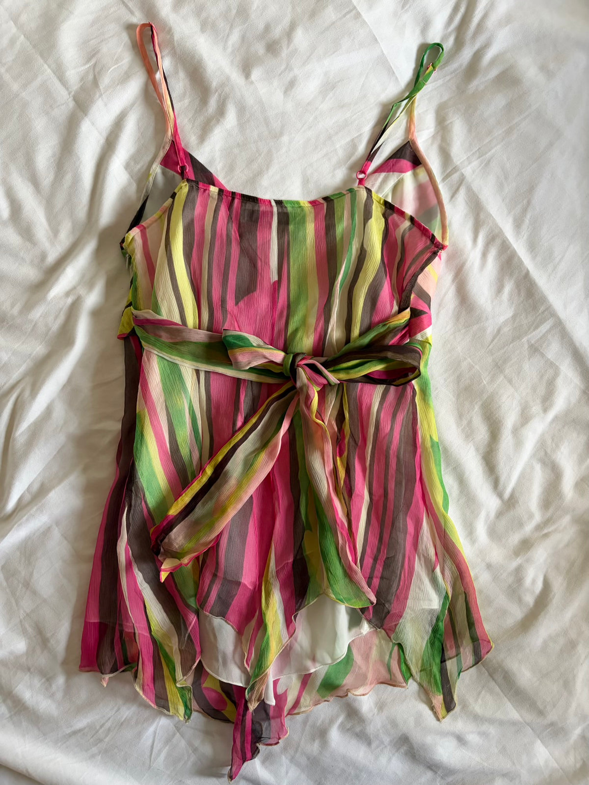 Vintage 2000s Silk Candy Stripe Tie Back Cami with Handkerchief Hem