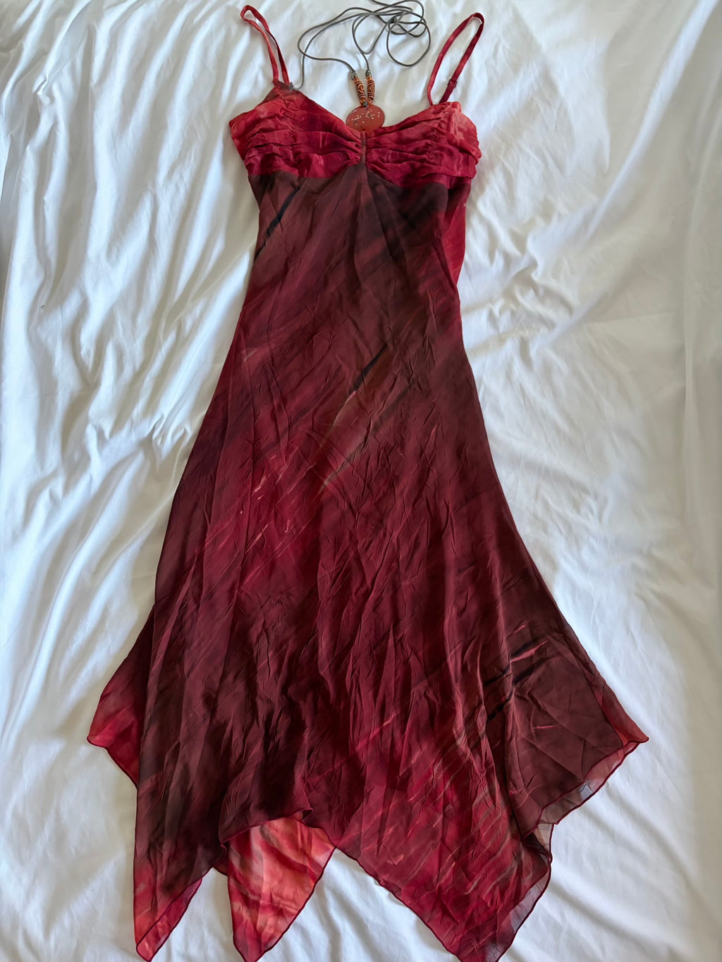 Vintage Y2K handkerchief hem brown and red tie dye ruched bust dress with pendant and beaded detail