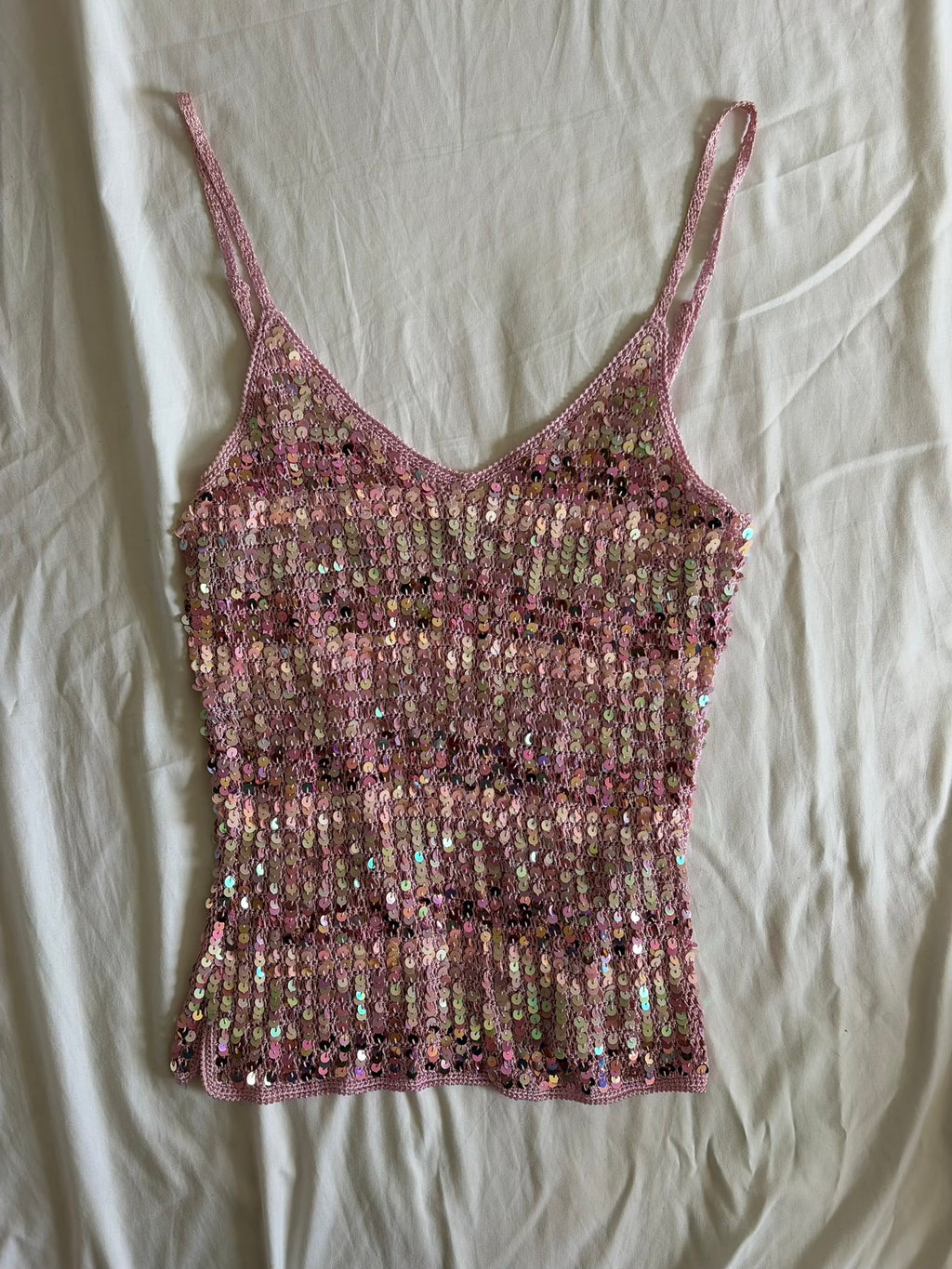 Vintage Y2K Pink Crochet Striped Sequin Cami