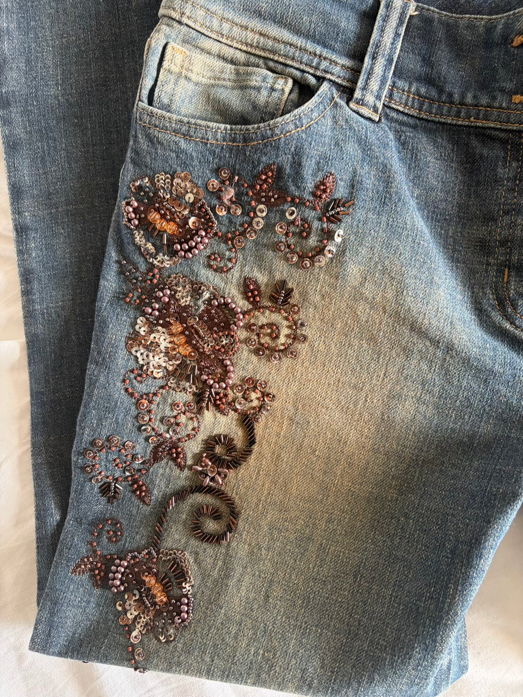 Vintage 2000s Mid Rise Bootcut Flared Jeans with Brown Embellishment and Beads