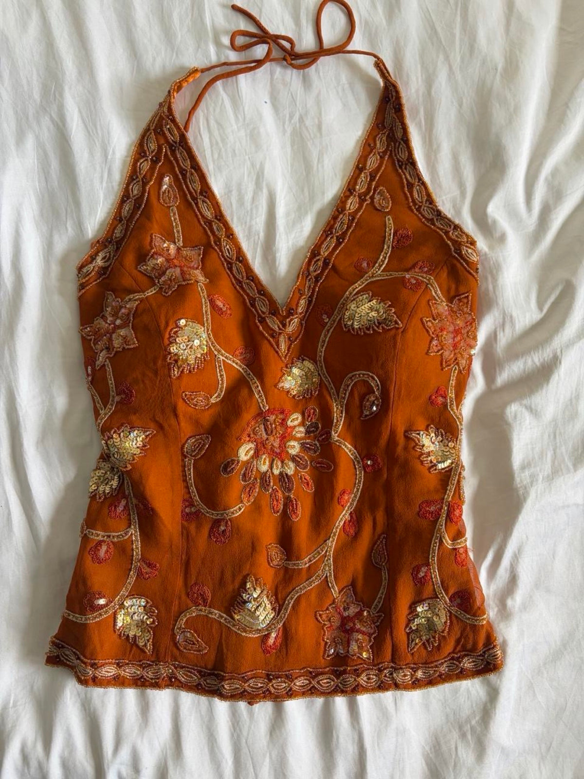 Vintage Y2K burnt orange silk beaded, bronze and gold sequin corset style halter - Size Large