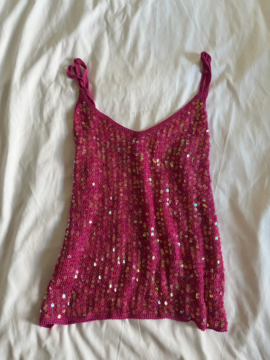 Vintage Y2K cerise pink crochet iridescent sequin cami